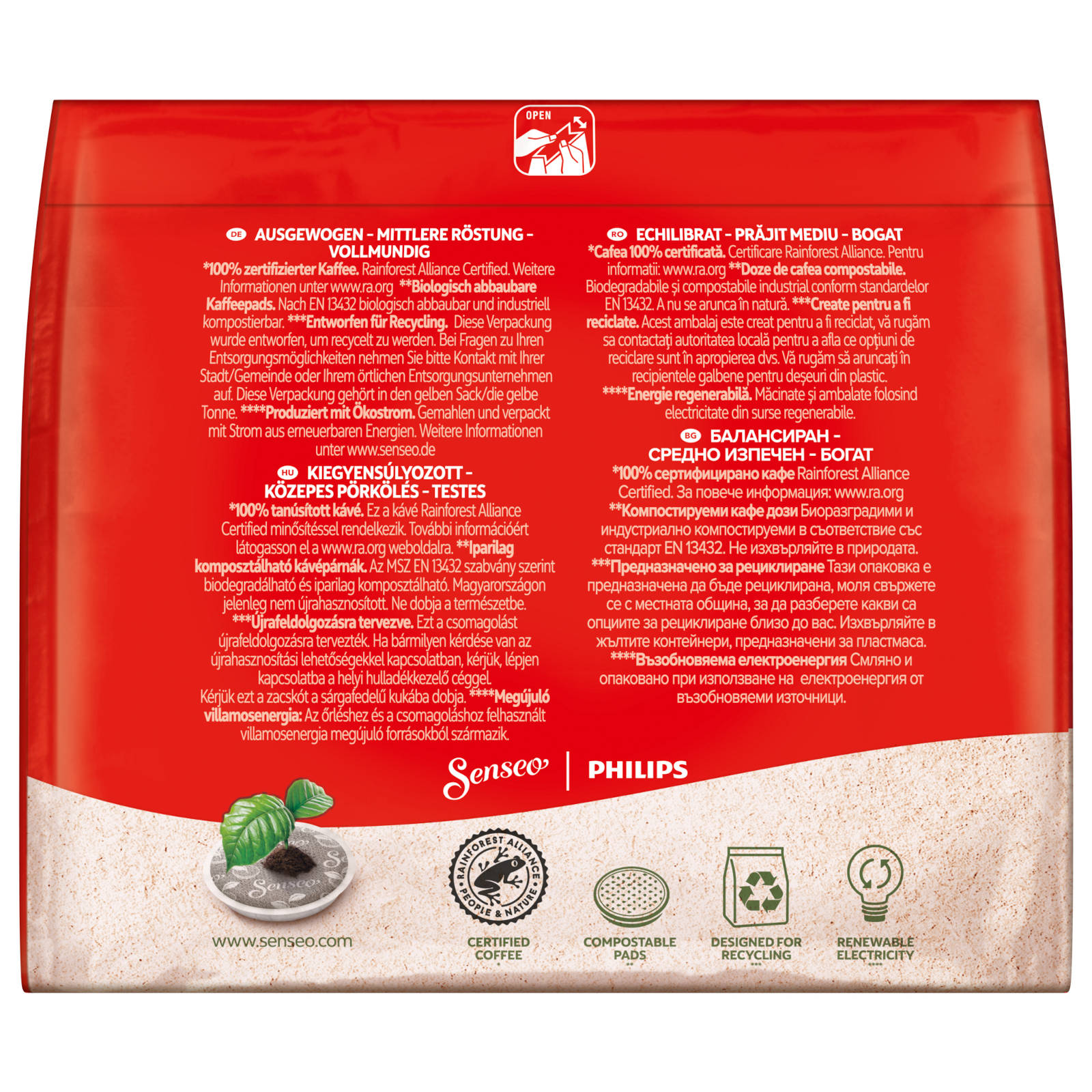 Rückseite einer Kaffeepad-Verpackung mit Text und Bildern von Kaffeebohnen und einer Pflanze.