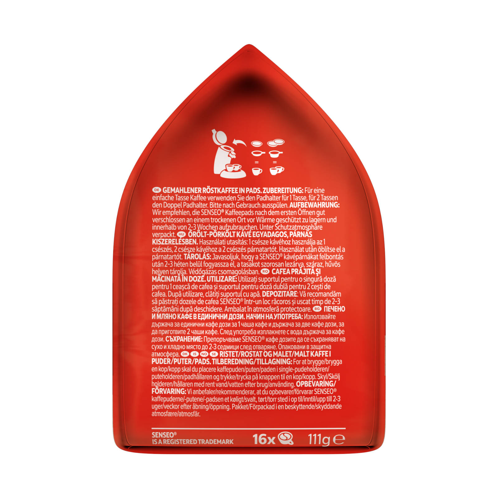 Rotes Kaffeepad-Paket mit Text und Bildern, einschließlich Kaffeemaschinen-Illustrationen und Produktinformationen.