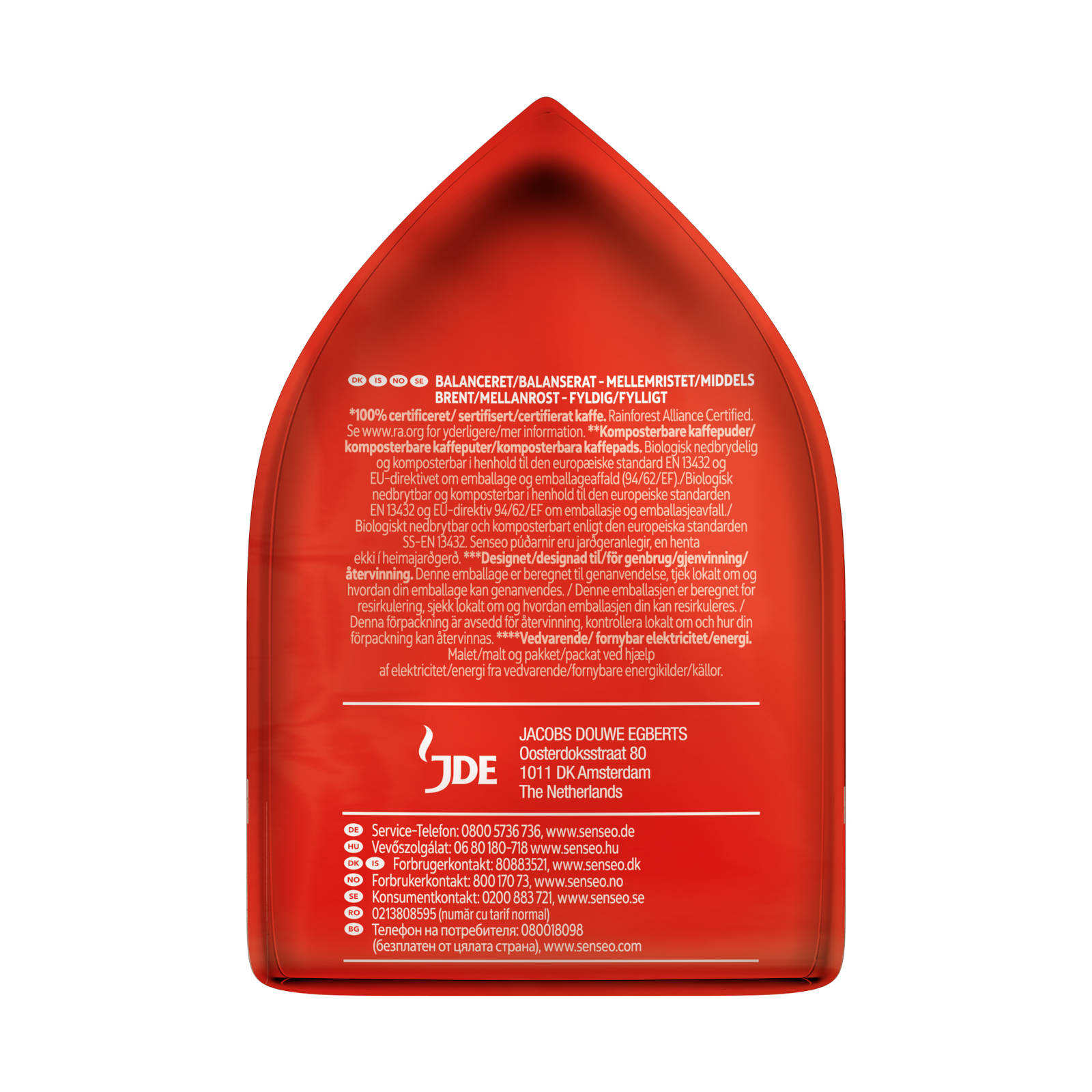 Roter Kaffeebeutel mit Text in mehreren Sprachen, einem Logo und weißem Hintergrund.