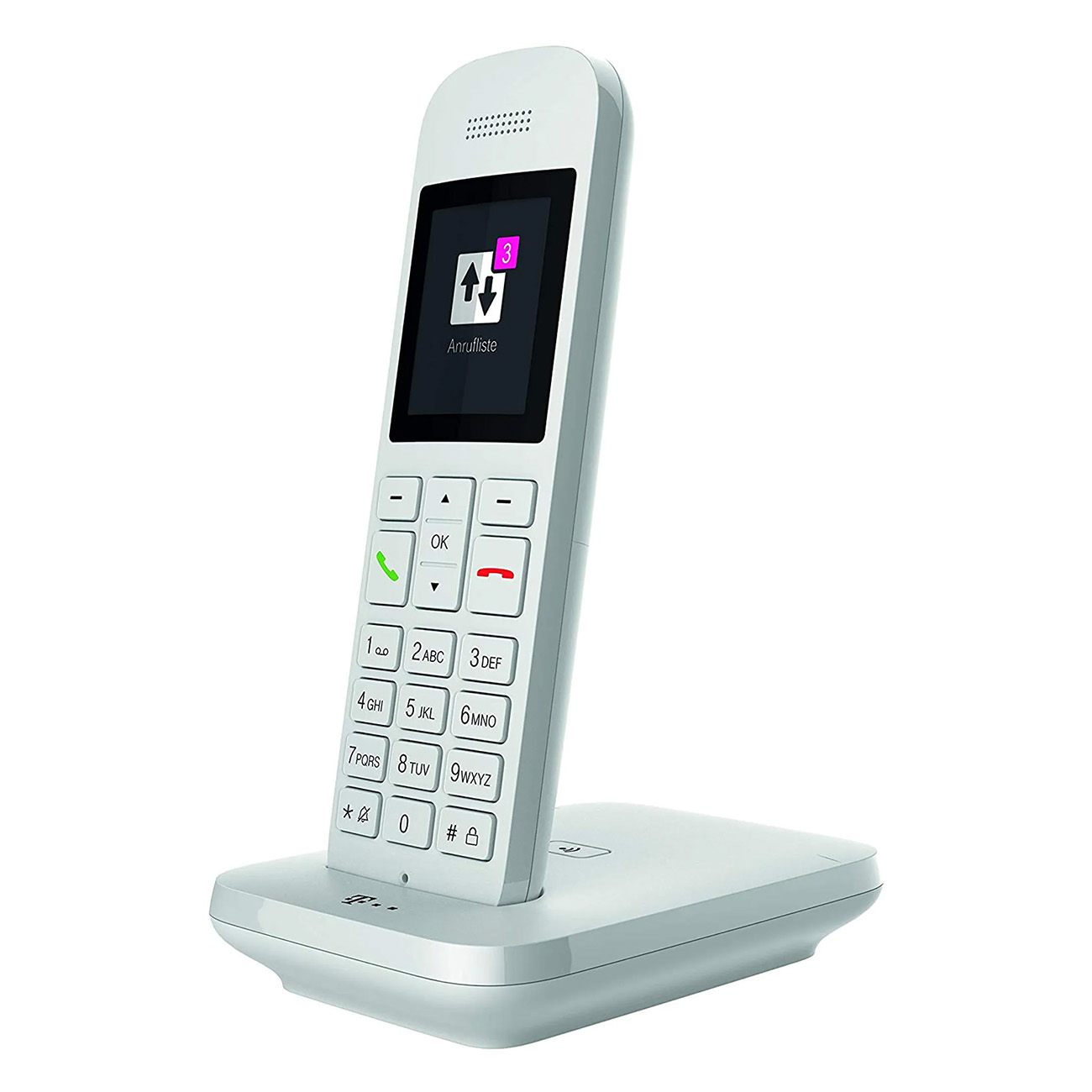 Un teléfono inalámbrico blanco sobre una base con una pantalla que muestra una lista de llamadas.