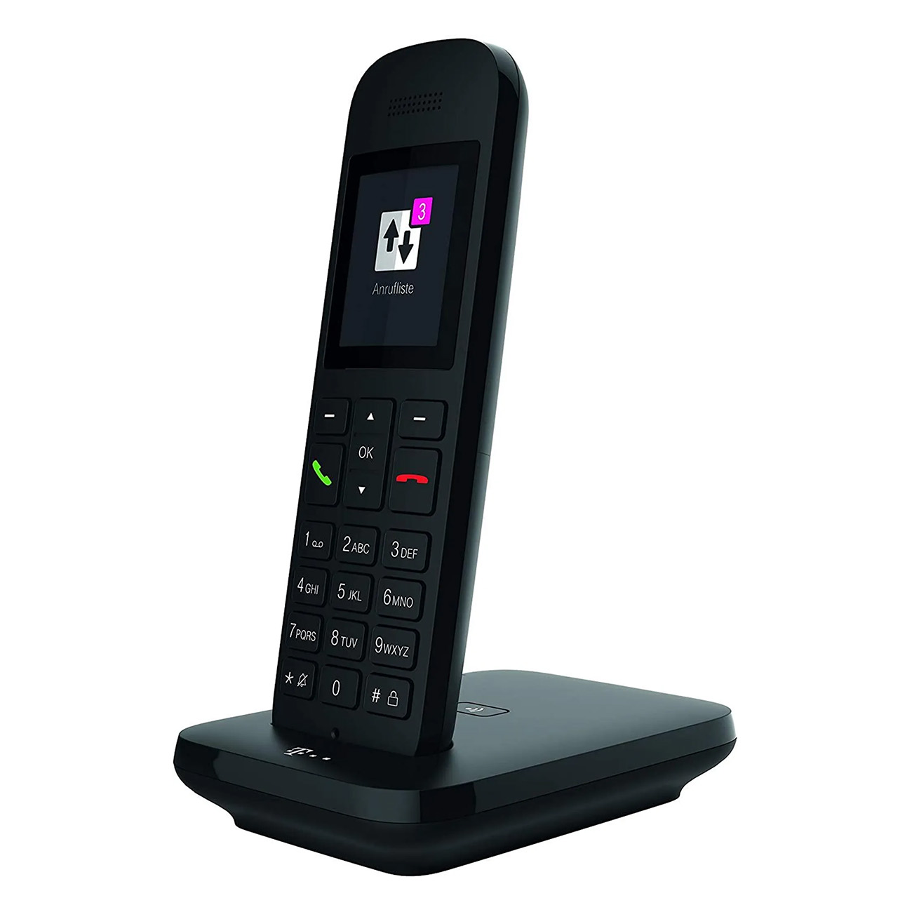 Téléphone sans fil noir sur une base noire. Le téléphone a un écran et des boutons.
