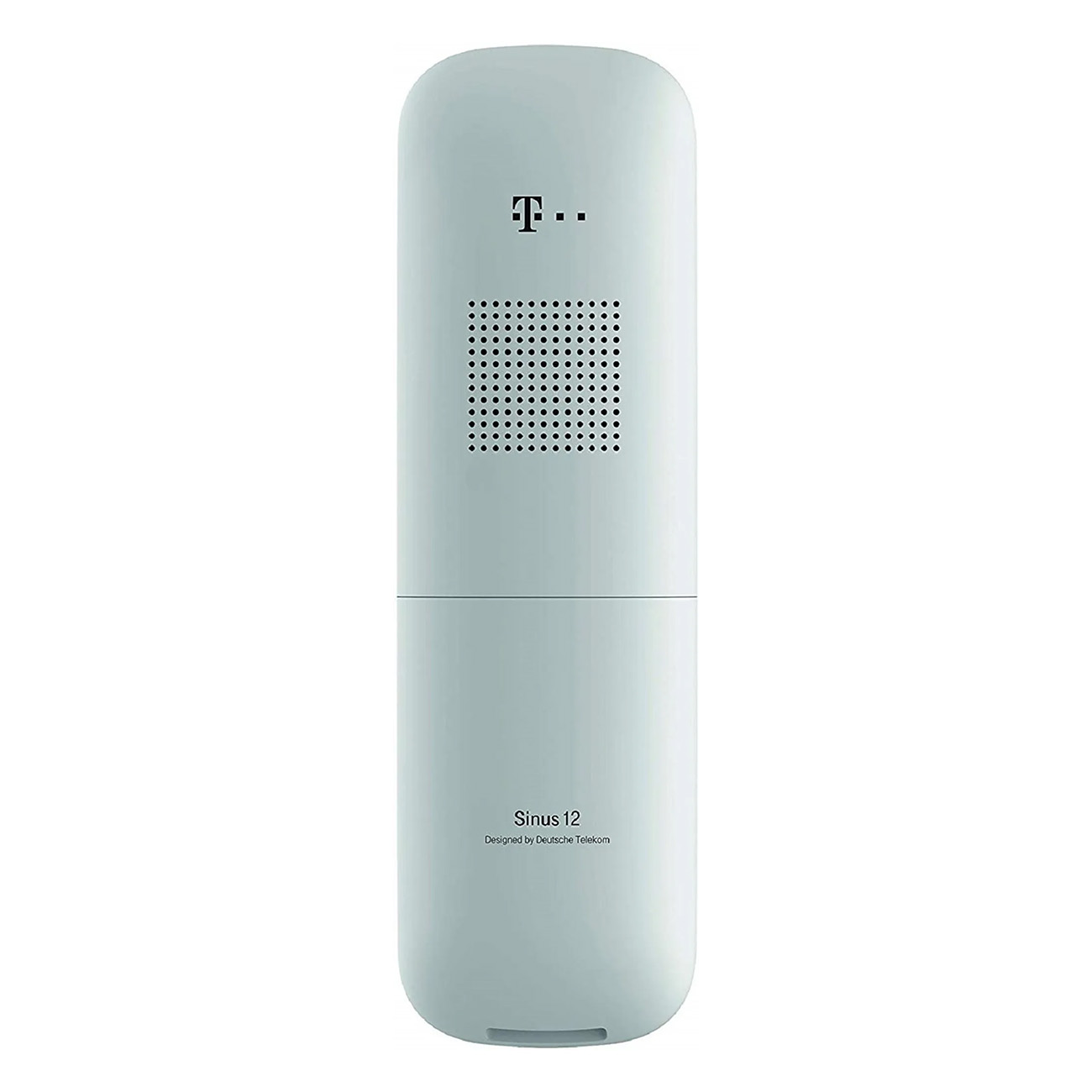 Un teléfono inalámbrico azul claro de la marca Deutsche Telekom, vista vertical.