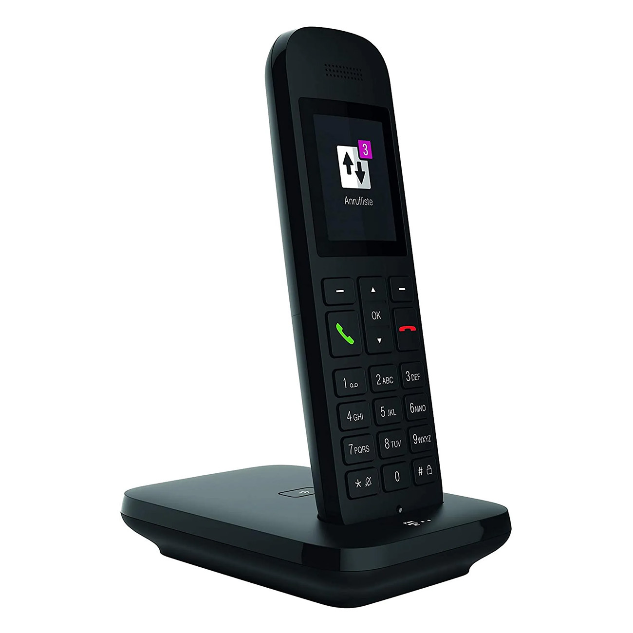 Téléphone sans fil noir sur socle noir. Il a un écran et des boutons numériques.