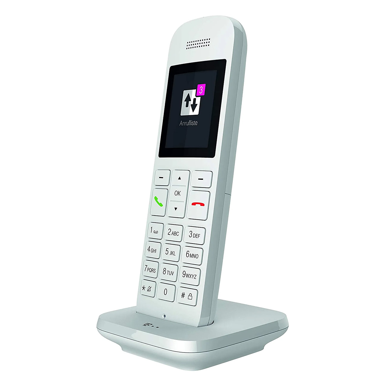 Teléfono inalámbrico blanco en una estación base. La pantalla muestra un icono de teléfono y la palabra 'Annuliste'.