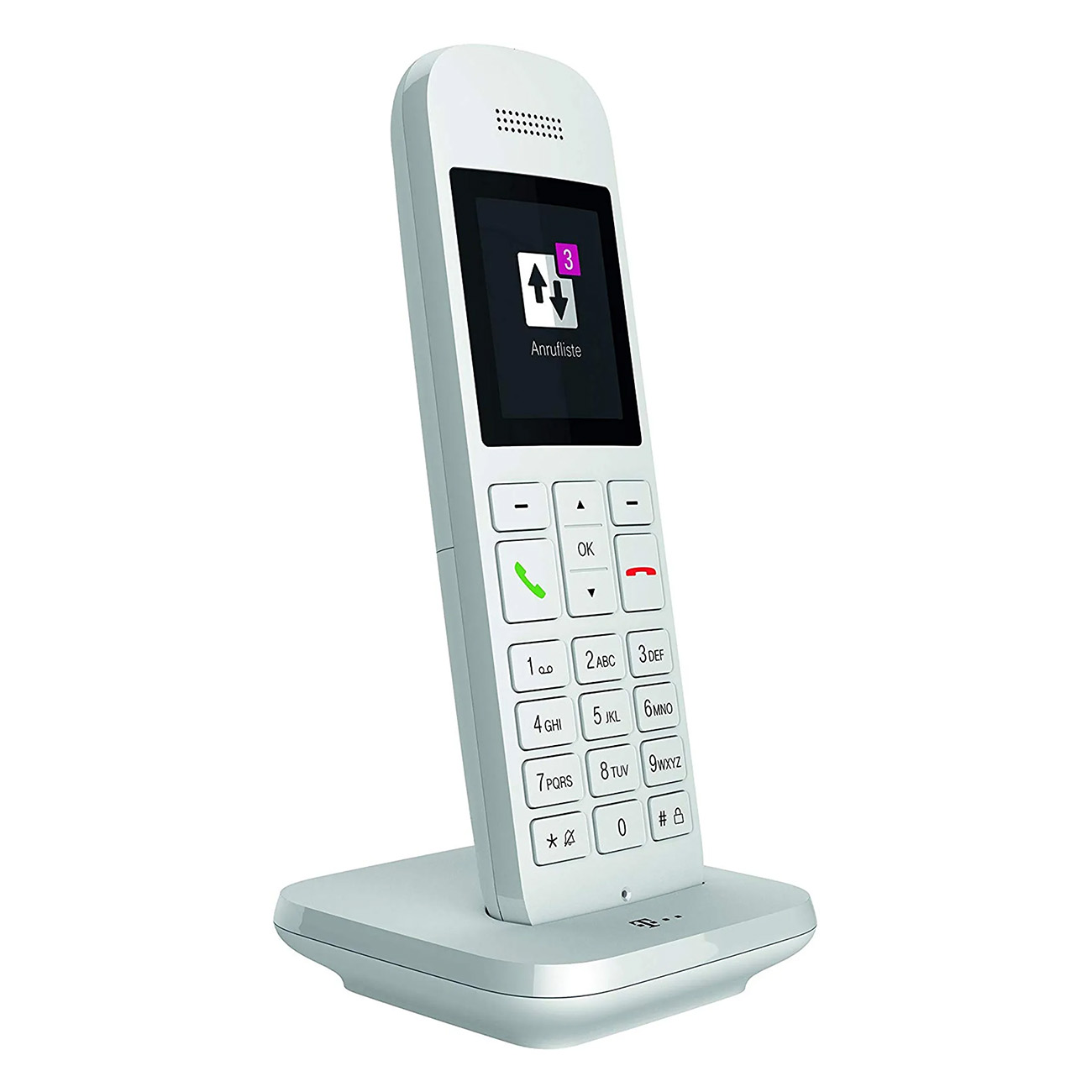 Teléfono inalámbrico blanco con pantalla que muestra un icono de flecha y números, sobre fondo blanco.