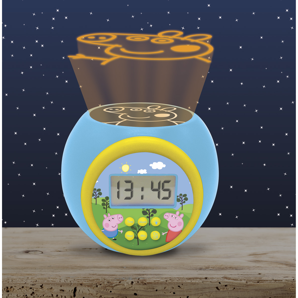 Una luce notturna blu di Peppa Pig con un'immagine proiettata e un orologio digitale.