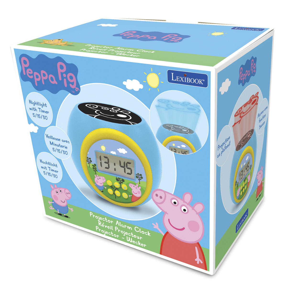 Sveglia a tema Peppa Pig in una scatola, con Peppa Pig e informazioni sul prodotto.