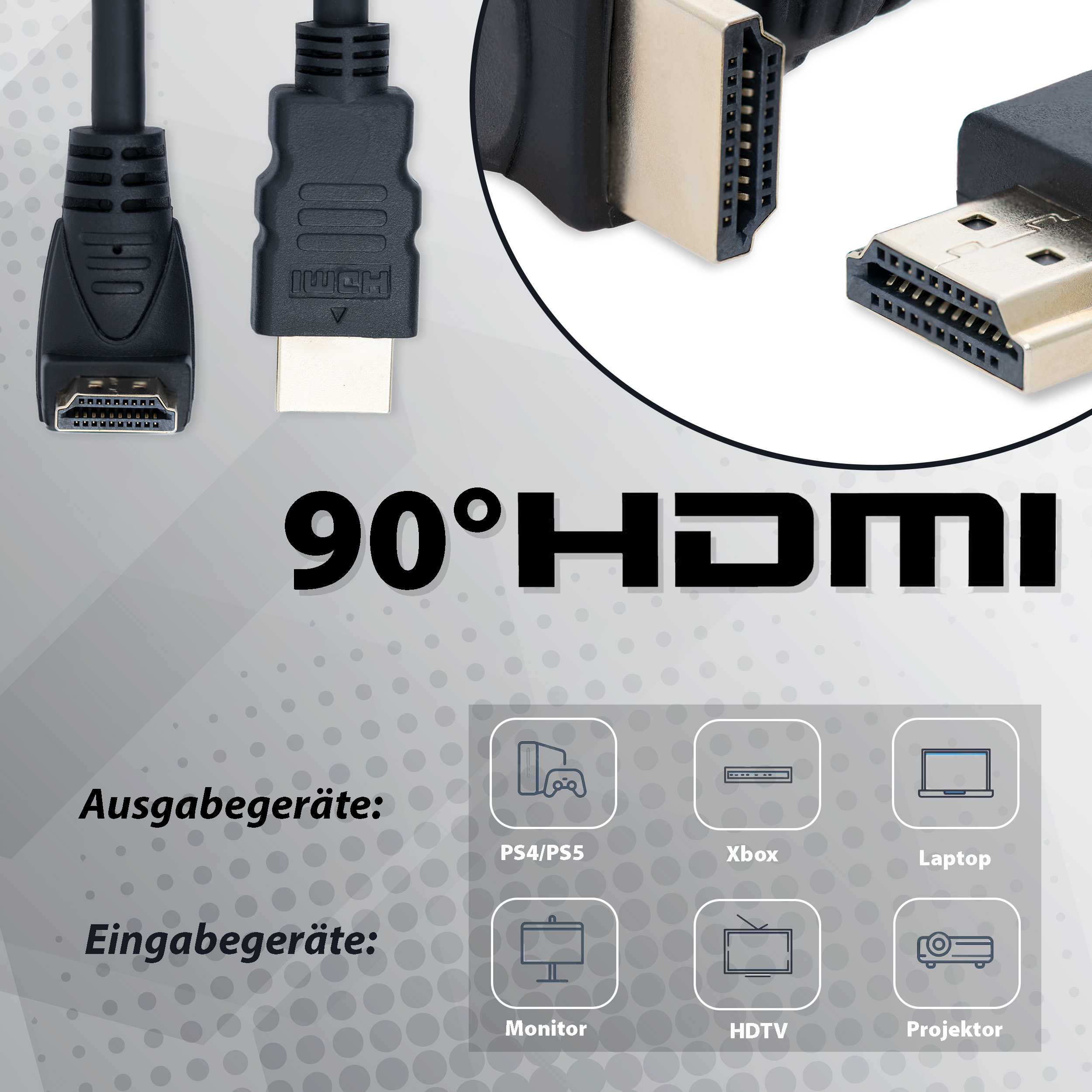 Ein HDMI-Kabel mit verschiedenen Steckertypen und Symbolen für Geräte wie PS4, Xbox und Laptop.