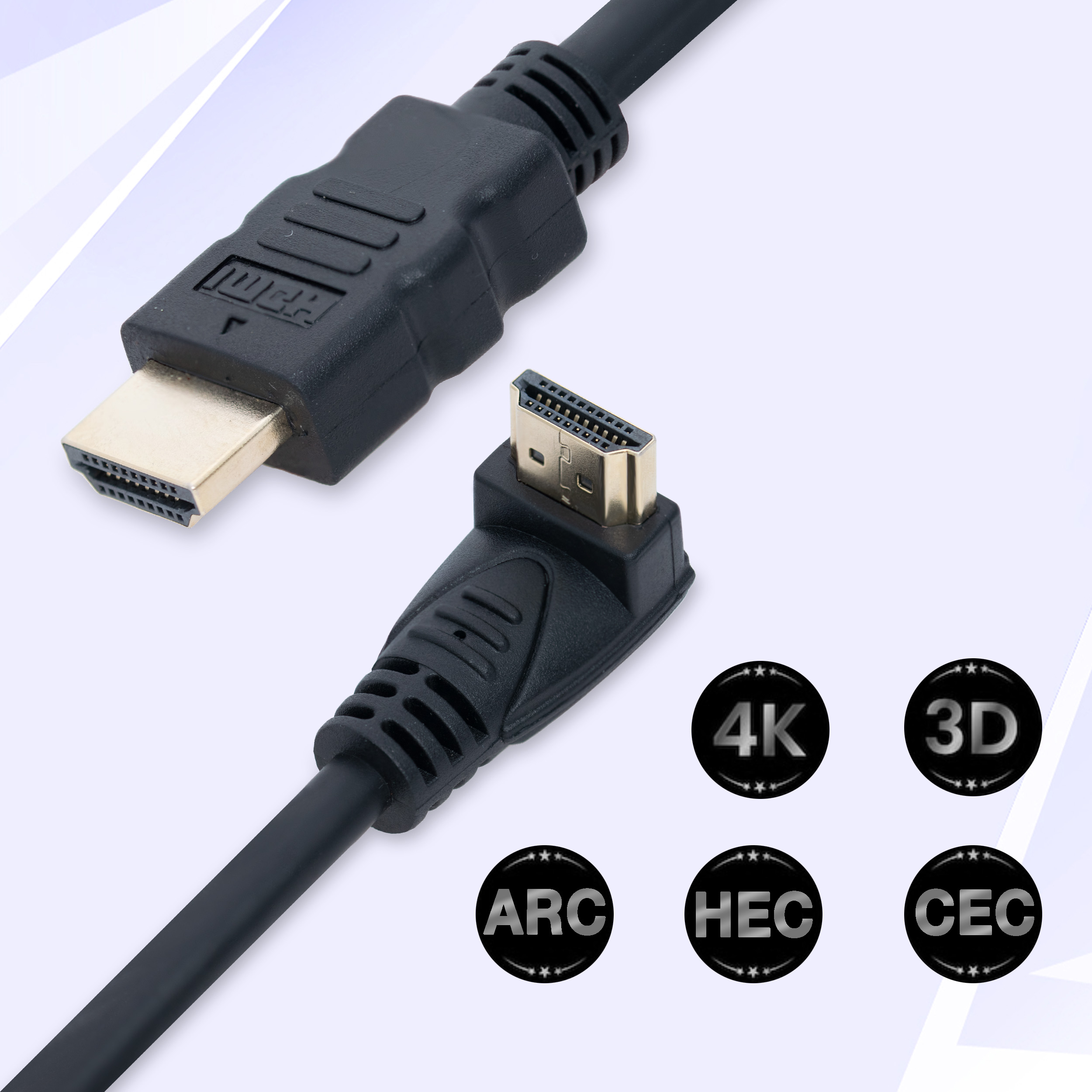 Schwarzes HDMI-Kabel mit zwei Anschlüssen. Etiketten für 4K, 3D, ARC, HEC und CEC sind sichtbar.