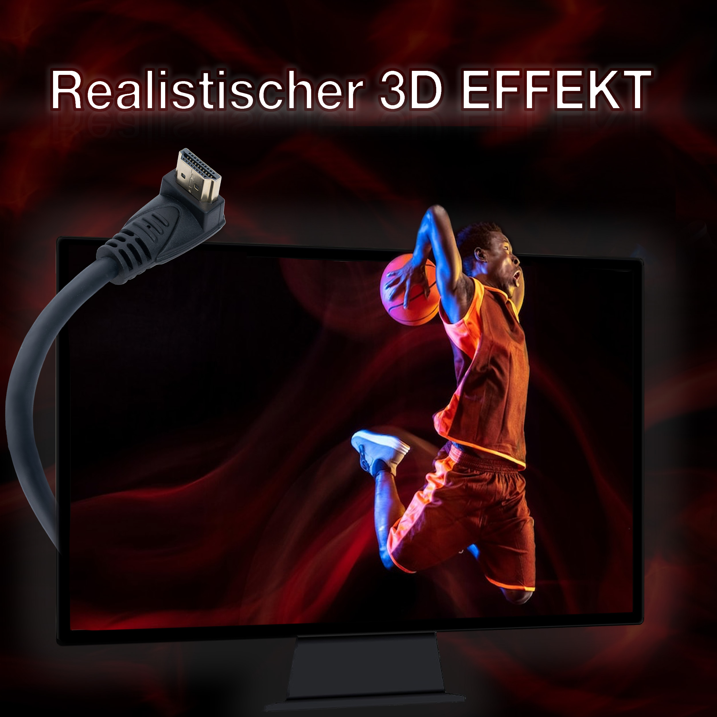 Ein Basketballspieler scheint aus einem Bildschirm zu springen. Ein schwarzes HDMI-Kabel ist angeschlossen.