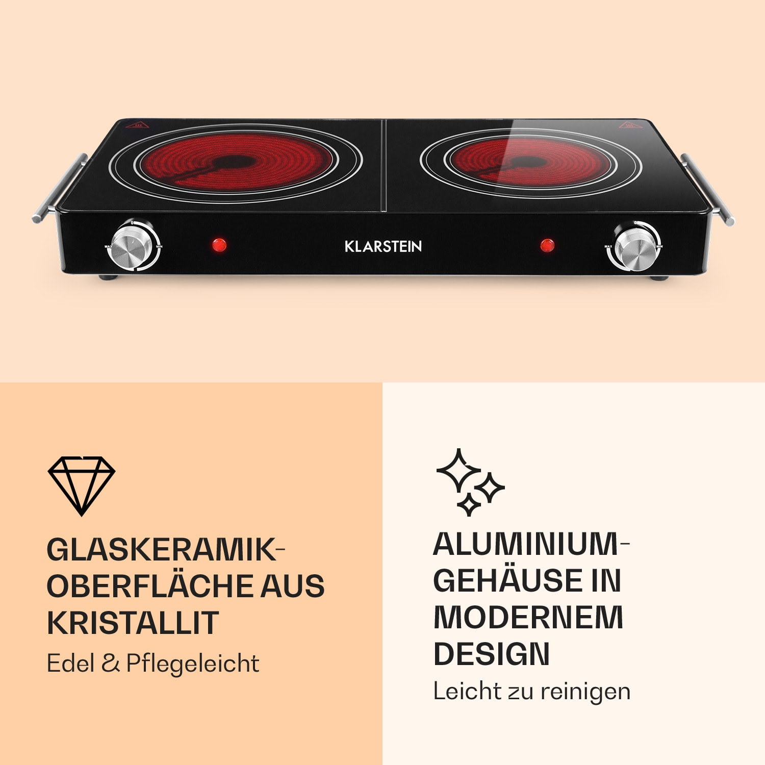 Schwarzes Glaskeramikkochfeld mit zwei roten Heizelementen, mit Text über Funktionen und Design.