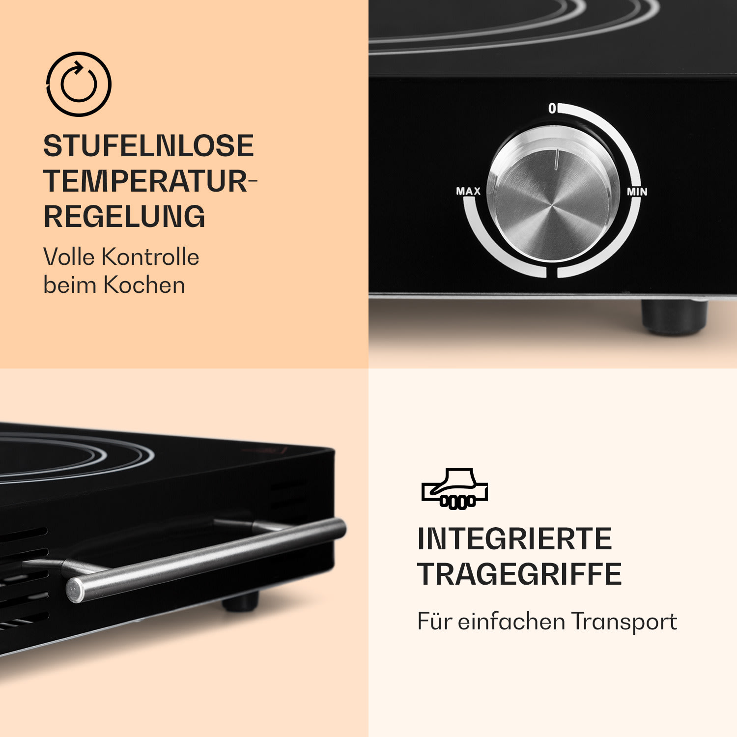 Nahaufnahme eines schwarzen Induktionskochfelds mit Text über Temperaturregelung und Griffe.