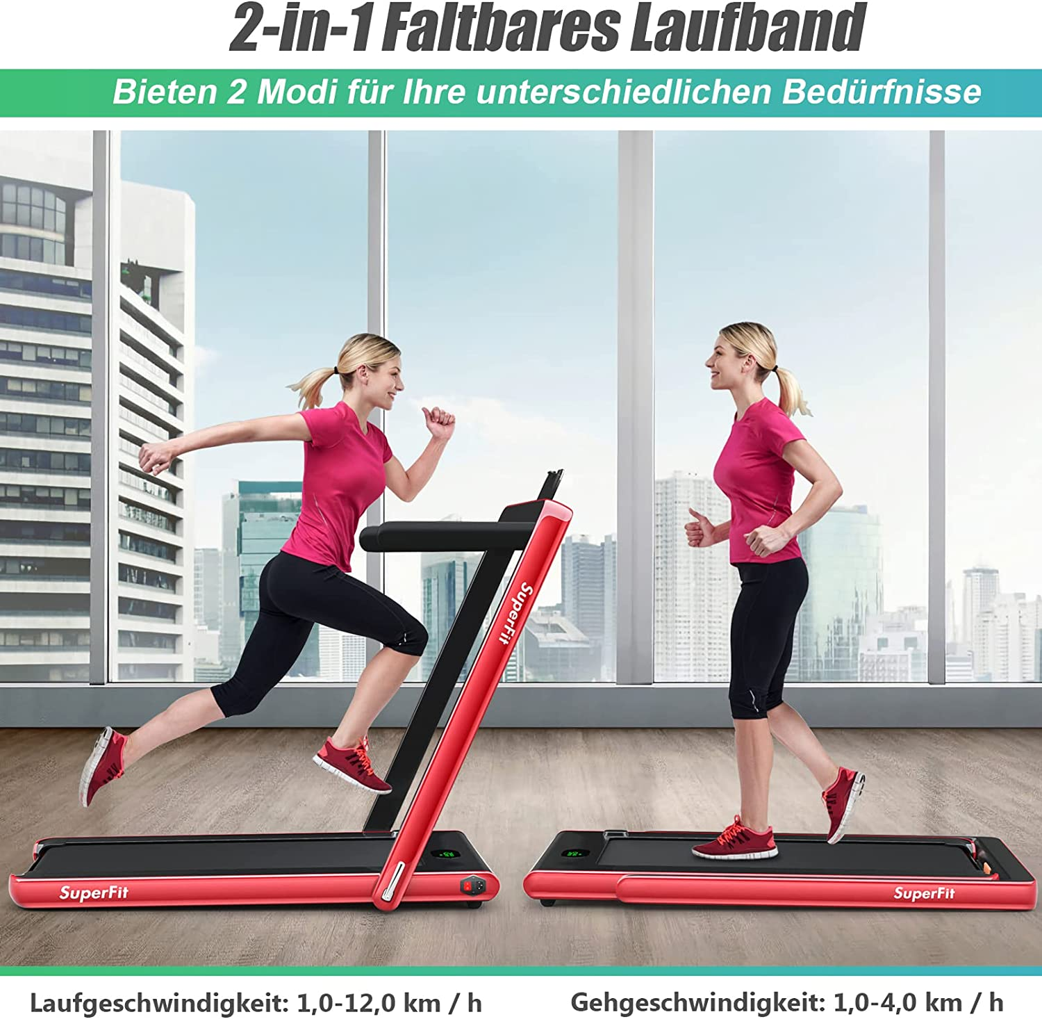 Zwei Frauen auf Laufbändern. Eine rennt und die andere geht. Text auf Deutsch: 2-in-1 faltbares Laufband.
