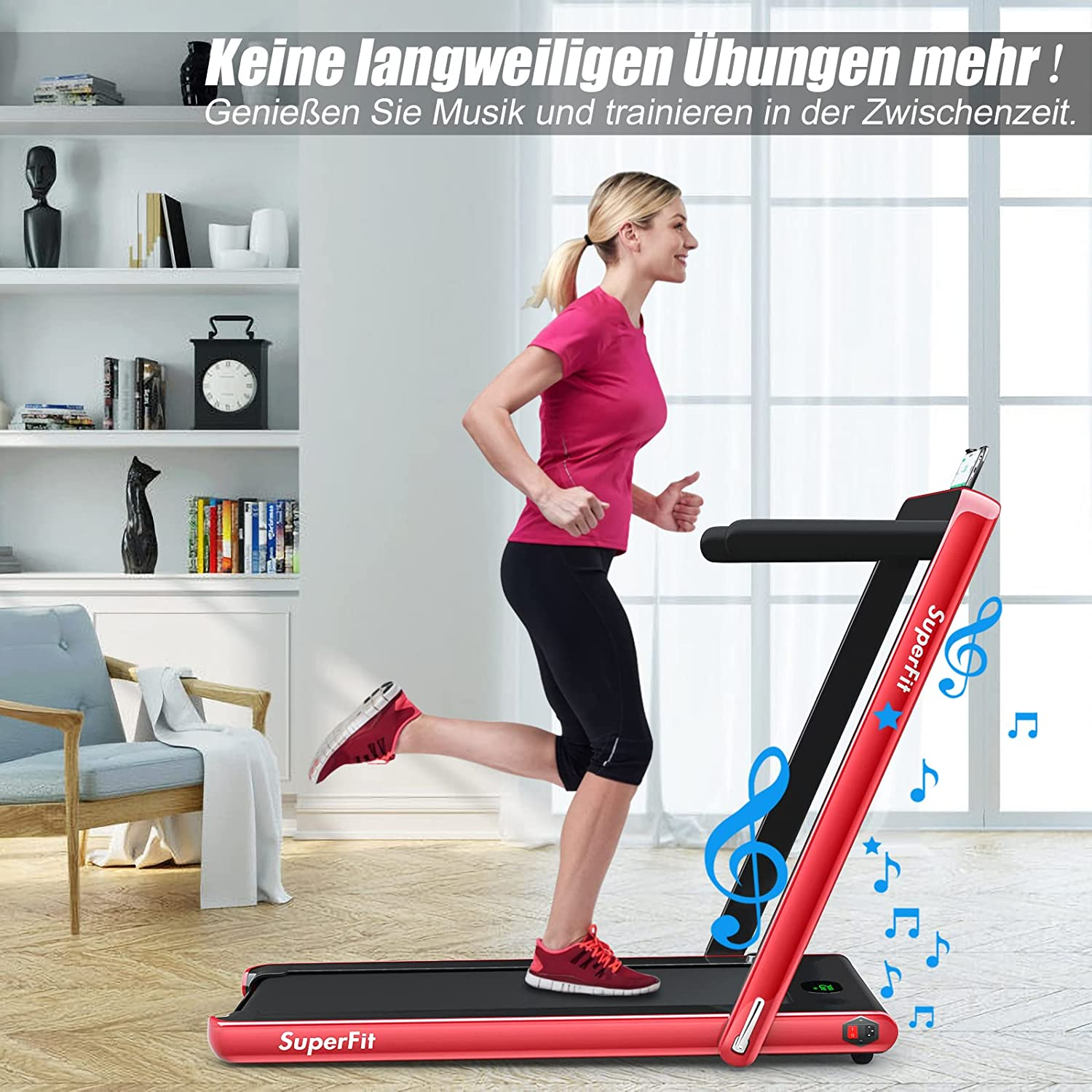 Frau auf einem Laufband. Text: Genieße Musik und trainiere zwischendurch.