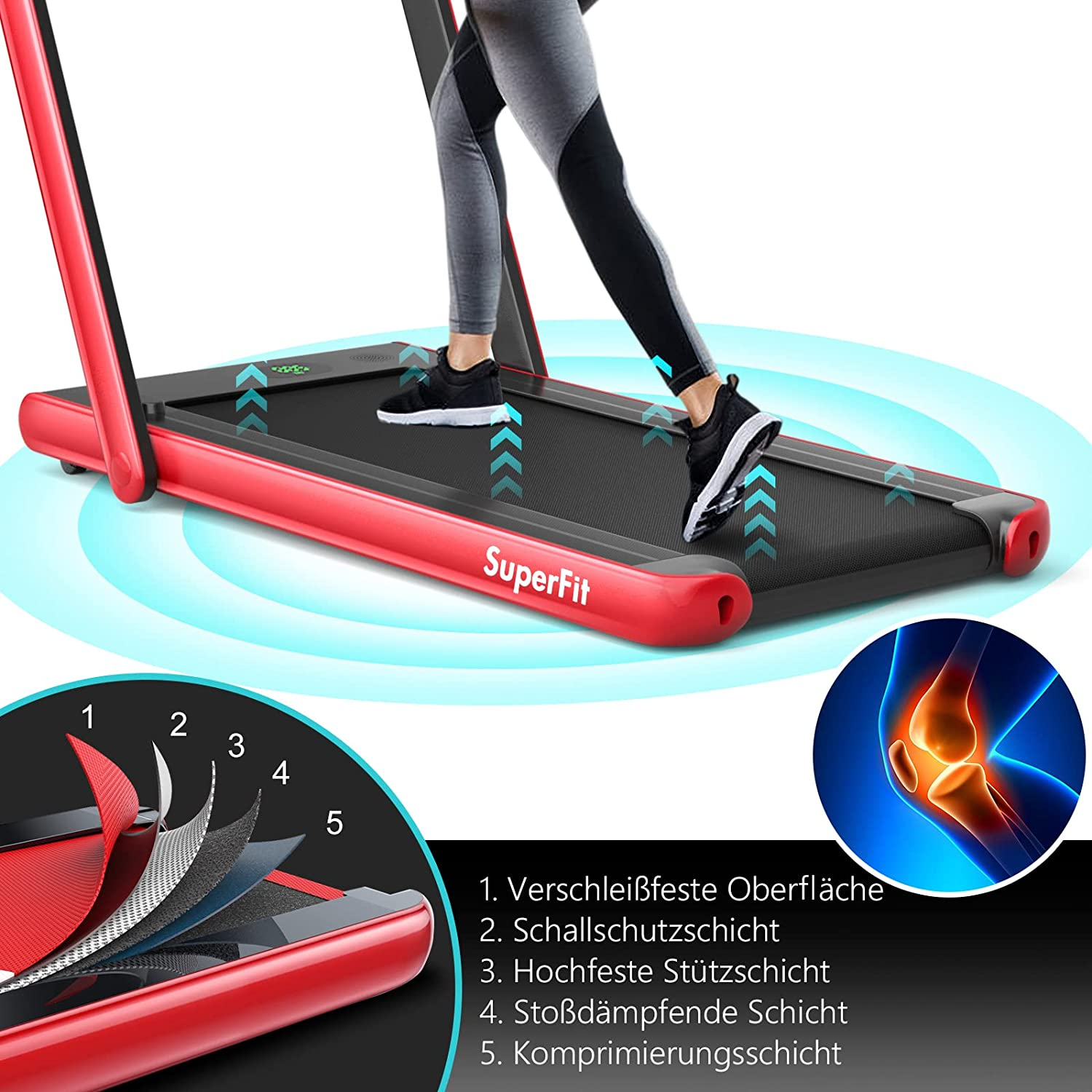 Frau läuft auf einem roten Laufband, Diagramm zeigt Schichten der Maschine.