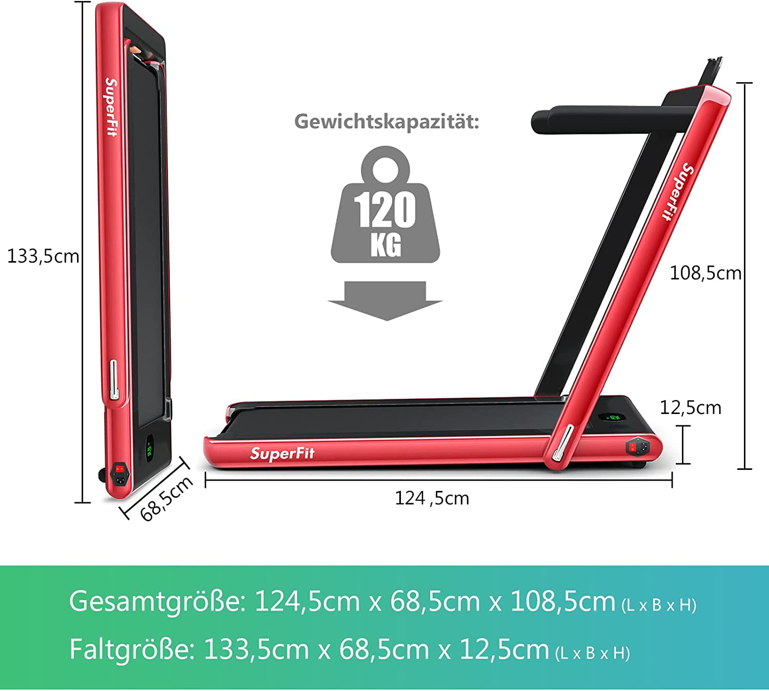 Rotes Laufband mit Maßen, 120 kg Gewichtskapazität, Seiten- und Frontansicht.