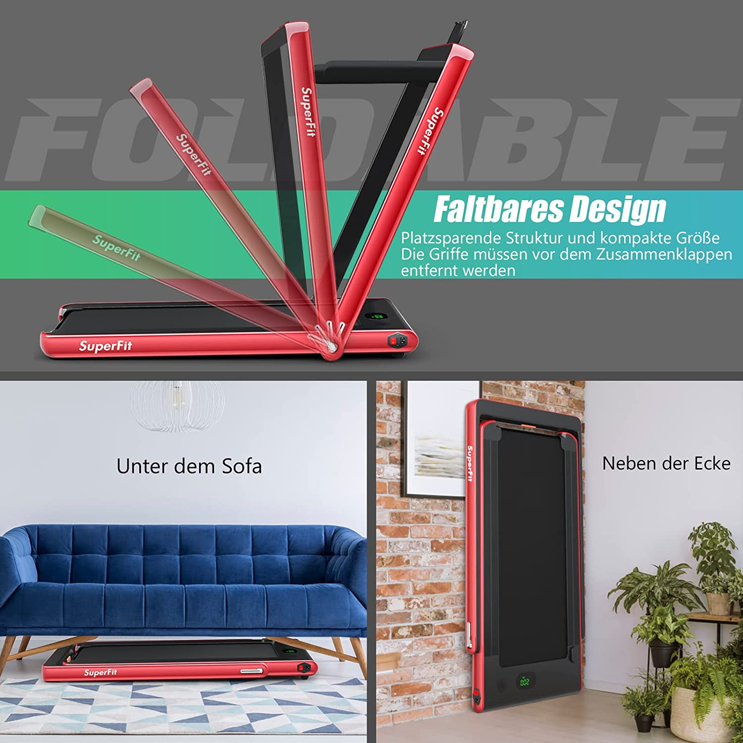 Ein rotes, zusammenklappbares Laufband in verschiedenen Positionen, einschließlich unter einem Sofa und an einer Wand.