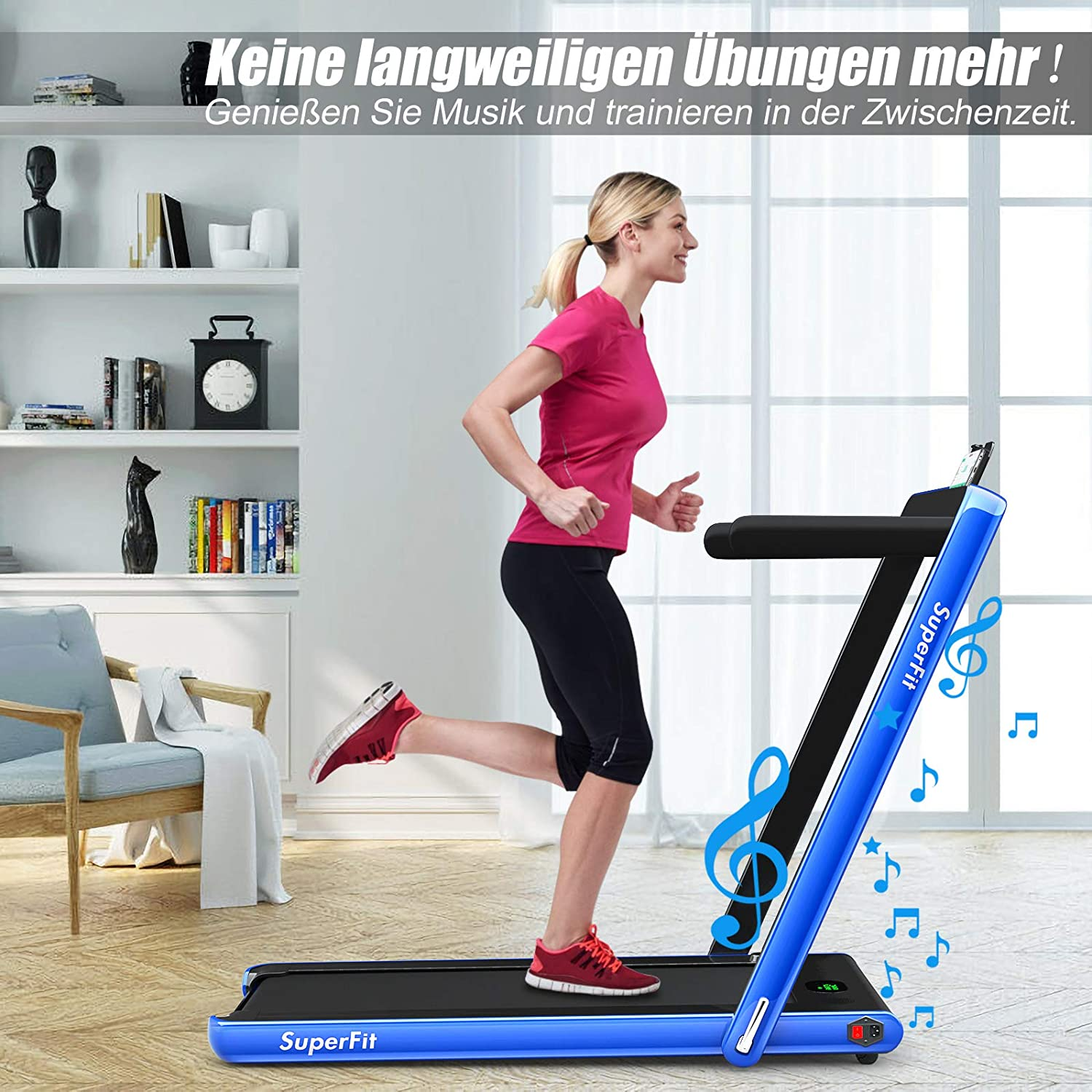 Frau, die auf einem Laufband läuft. Sie trägt ein rosa Hemd und schwarze Hosen, mit Musiknoten überlagert.