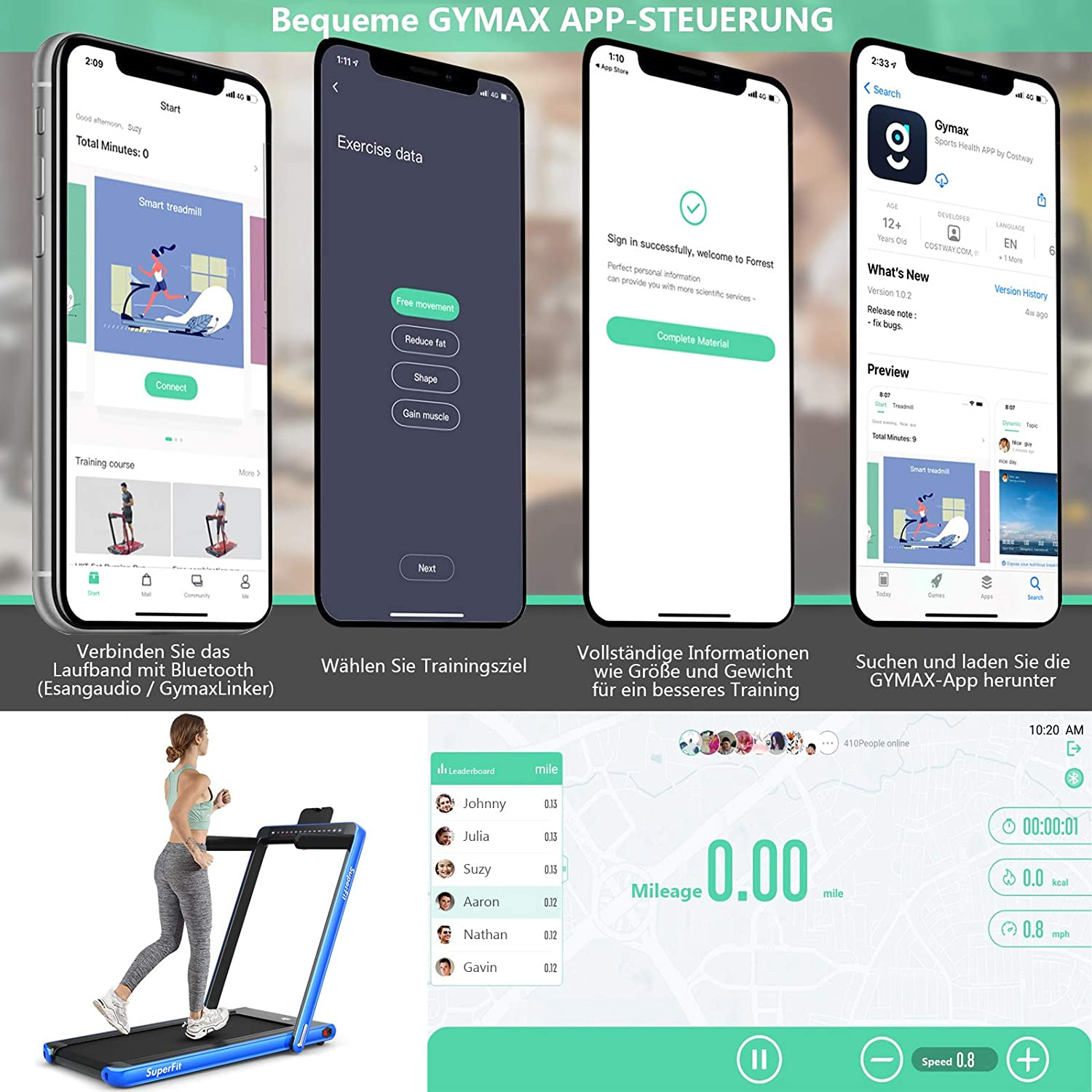 Bildschirme einer Fitness-App mit Trainingsdaten und App-Store-Seite.