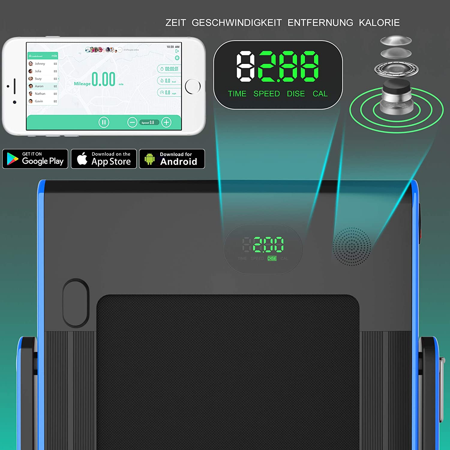 Ein Laufband mit einem Telefon, das Statistiken anzeigt. Ein Digitaldisplay zeigt Zeit, Geschwindigkeit, Distanz und Kalorien.