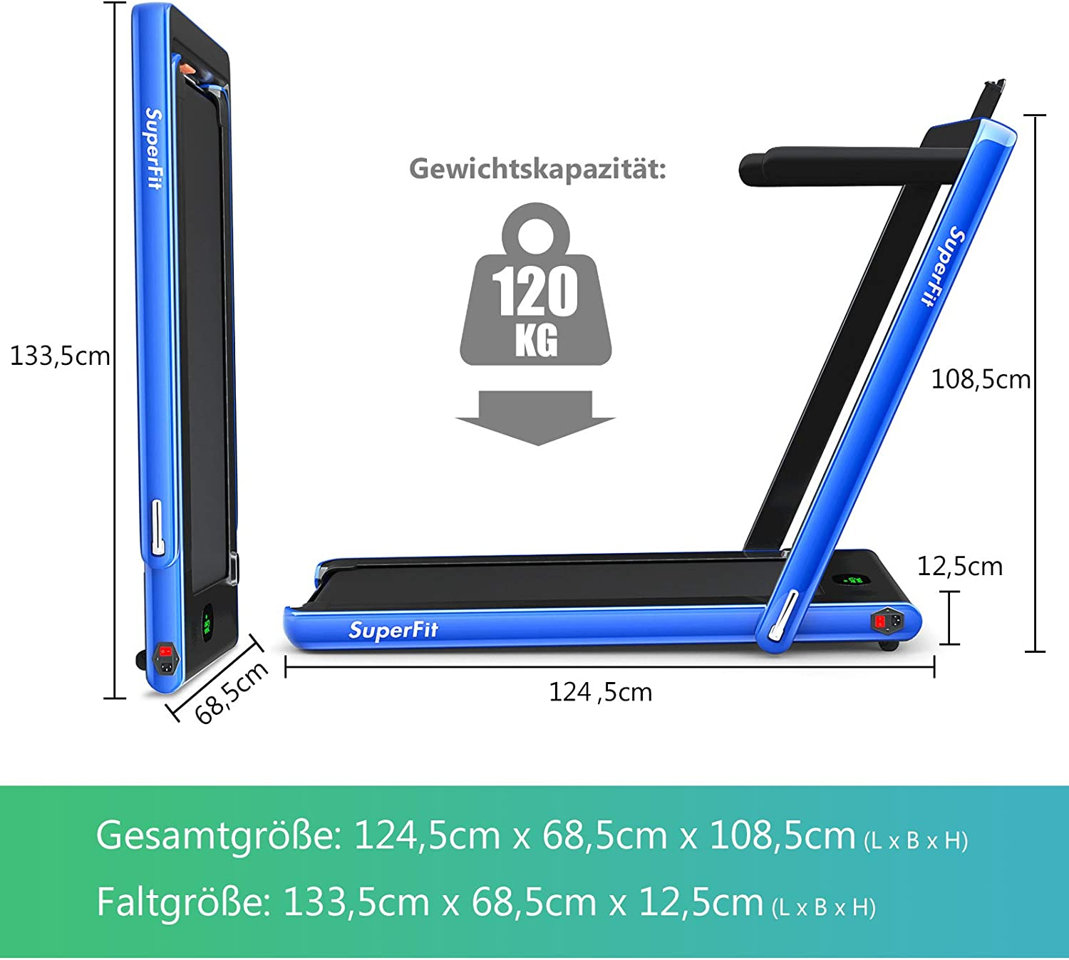 Blaues und schwarzes Laufband mit in cm angegebenen Abmessungen, vor weißem Hintergrund.