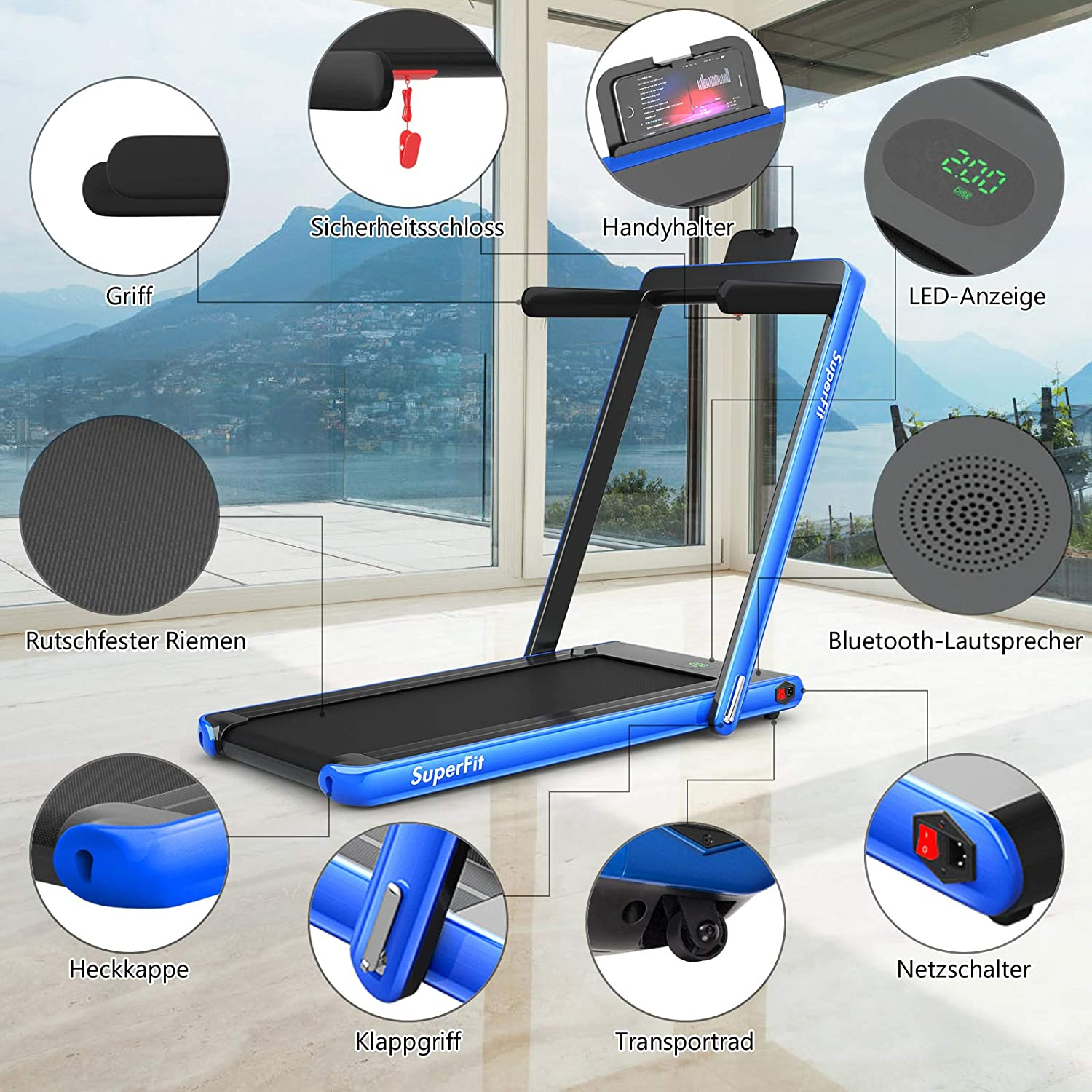 Blaues Laufband mit beschrifteten Teilen. Details umfassen Griff, Sicherheitsverschluss und Bluetooth-Lautsprecher.