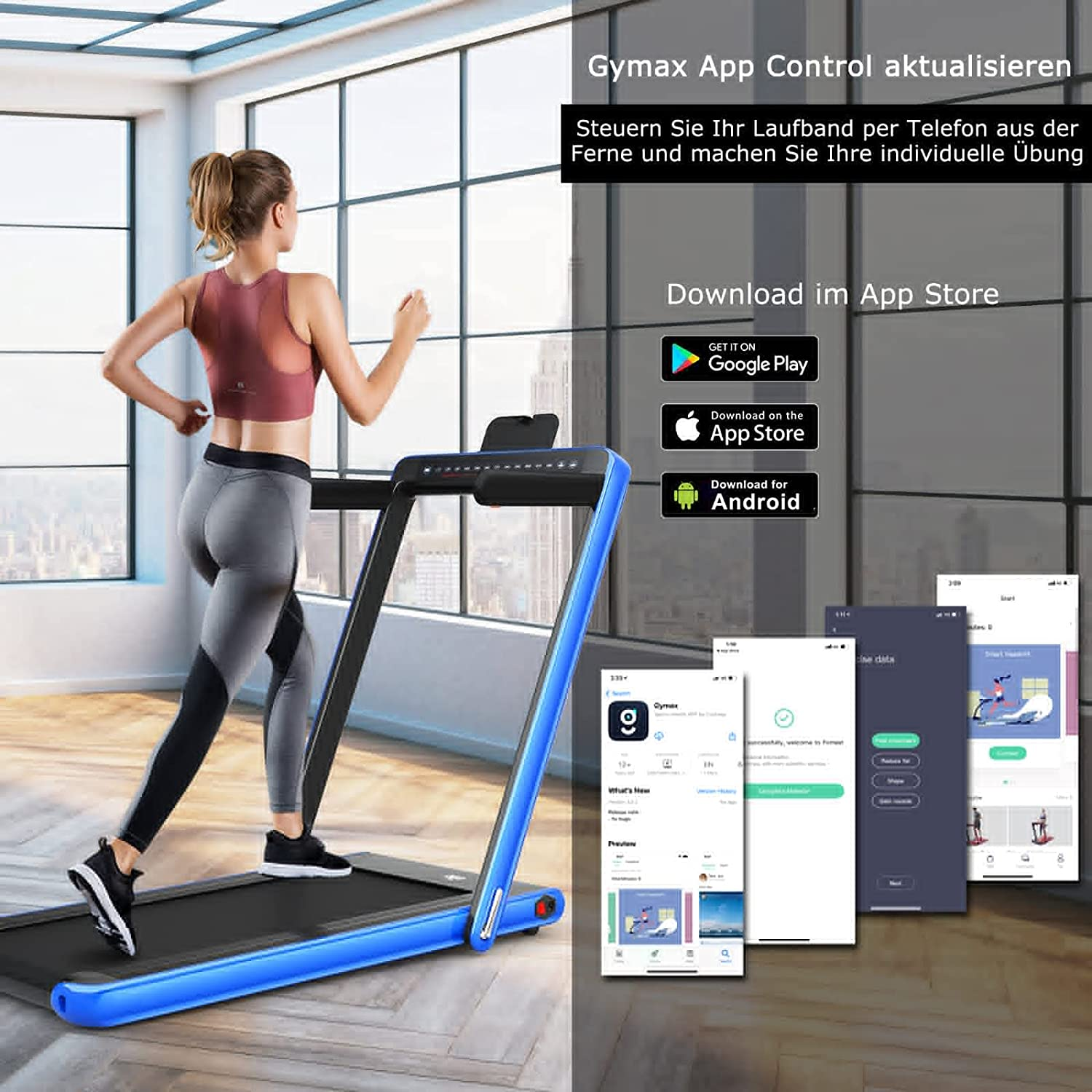 Frau läuft auf einem Laufband, mit App-Download-Details rechts.
