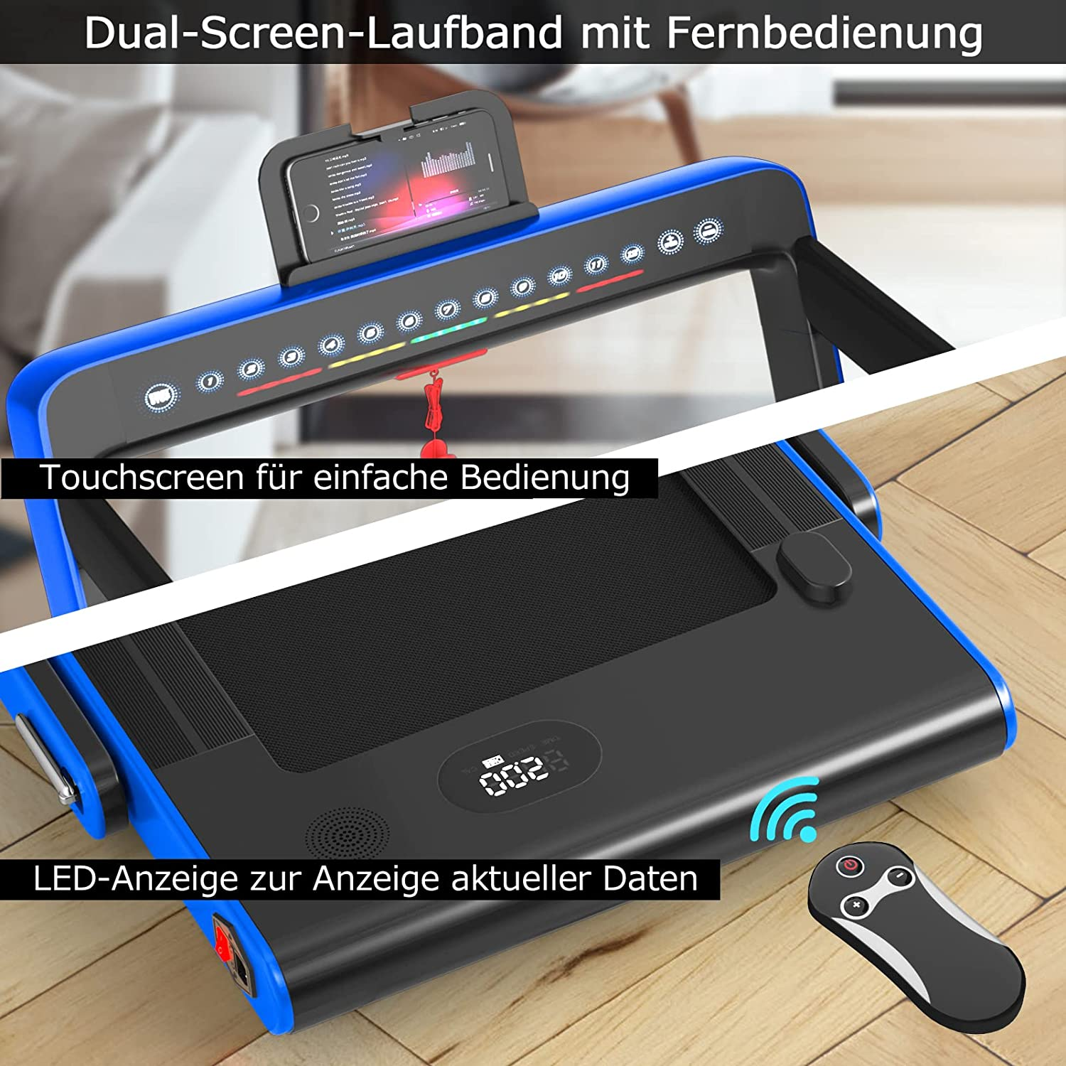 Laufband mit Touchscreen und Fernbedienung, Text auf Deutsch.