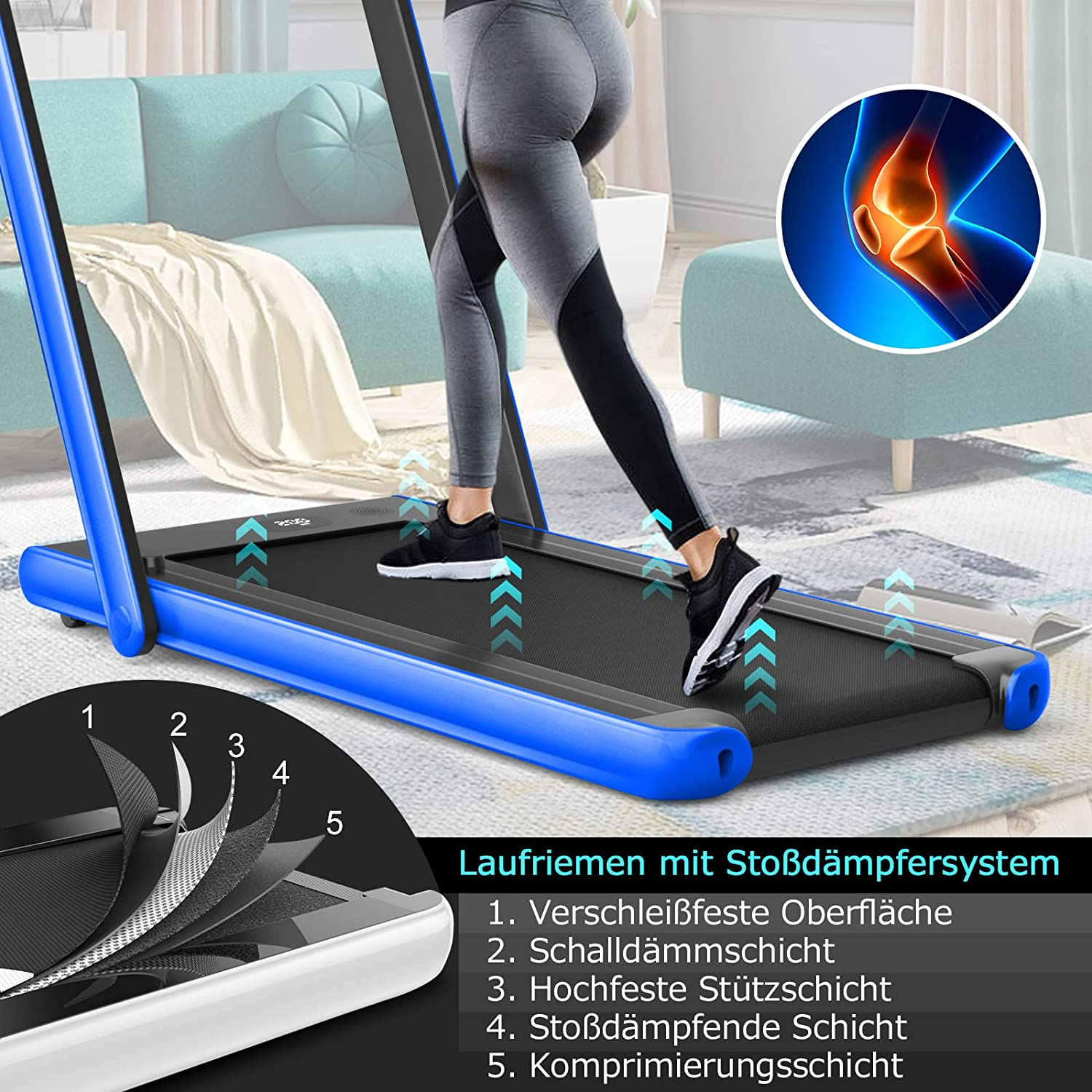 Person auf einem Laufband mit blauen Stangen. Das Bild zeigt die Schichten der Lauffläche.
