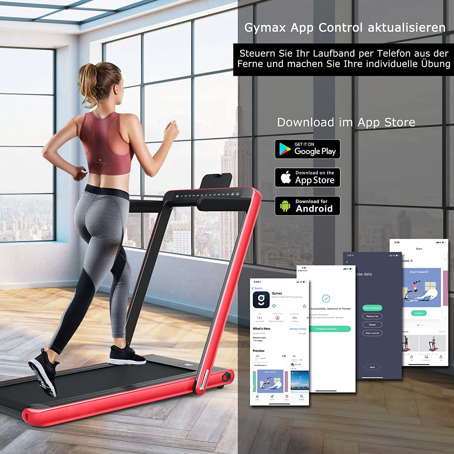Eine Frau, die auf einem Laufband läuft. Es gibt eine App auf dem Telefon, die die Trainingsdaten anzeigt.