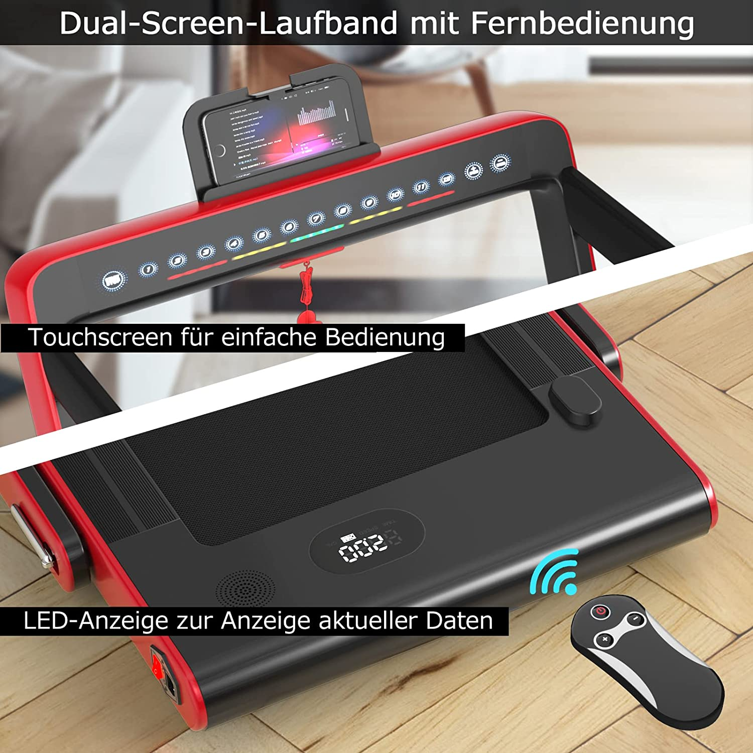 Rotes und schwarzes Laufband mit Telefonhalter, Bedienfeld und Fernbedienung auf Holzboden.