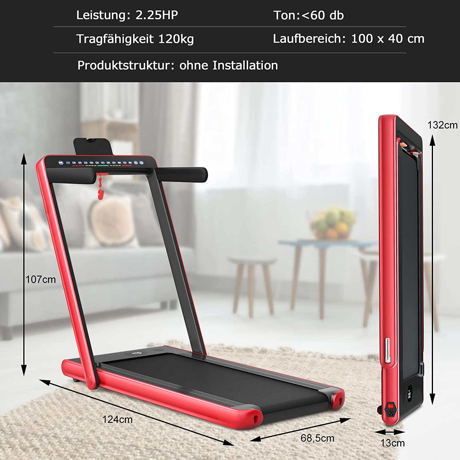 Rotes Laufband mit Abmessungen und Maßen, drinnen, auf einem Teppich.