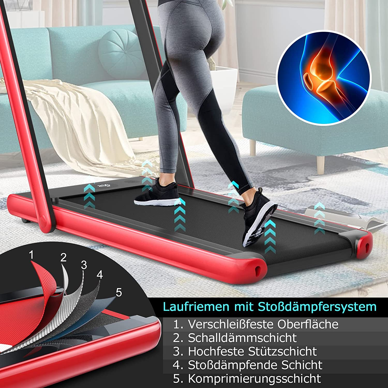 Person, die auf einem roten Laufband läuft, mit einem Schichtdiagramm und einer Knieillustration im Hintergrund.