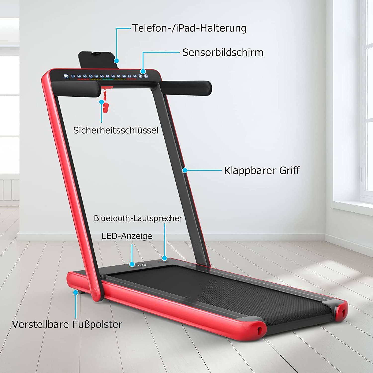 Rotes Laufband mit Beschriftungen zu Funktionen: Bildschirm, Schlüssel, Griffe, Lautsprecher, LED und Fußpolster.