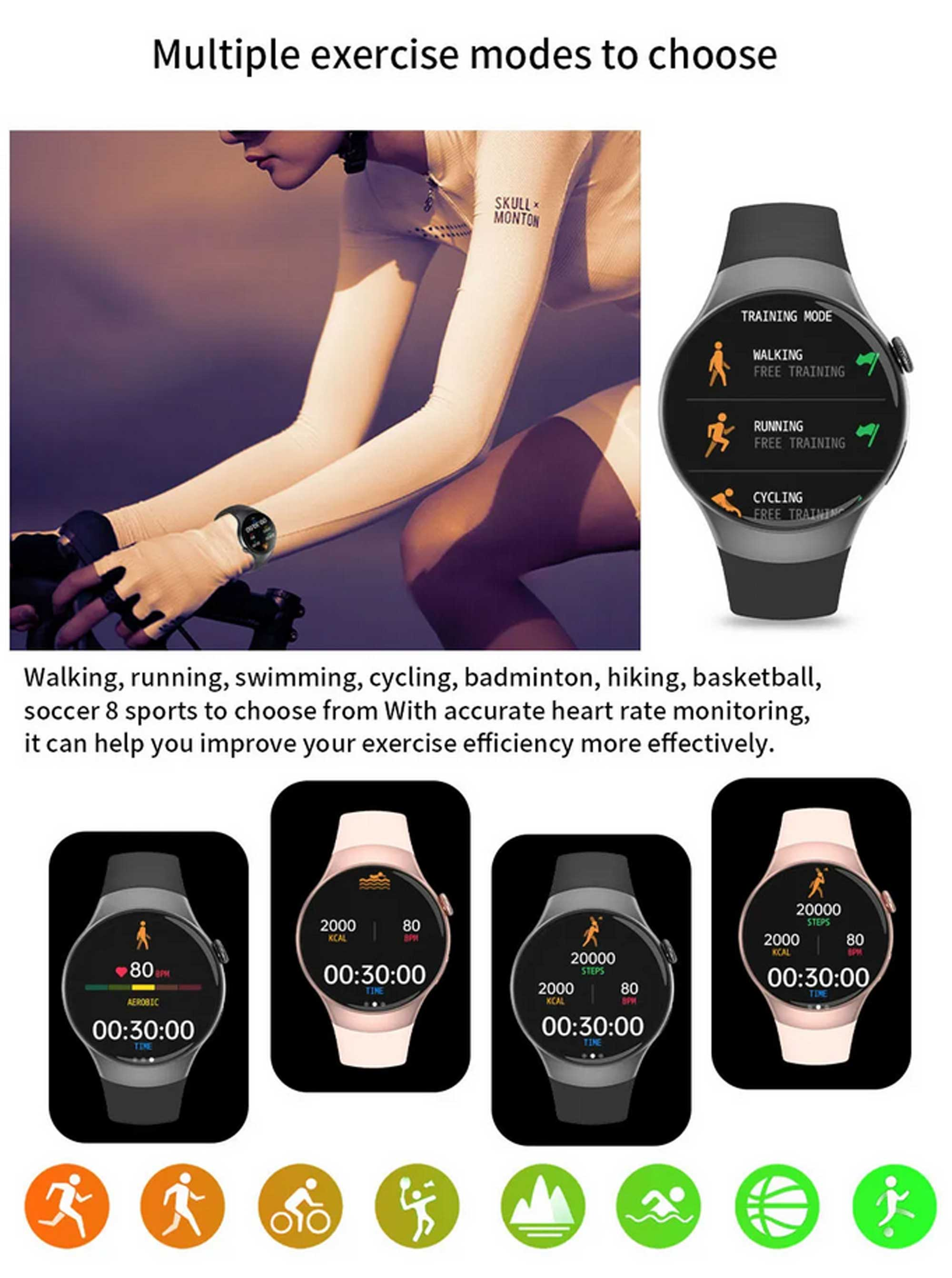 LOOKIT SM4 SW Multisport, Telefonie Schwarz Gesundheitsfunktionen, TPU, Bluetooth Smart Watch Benachrichtigungen, 8 Fitnessuhr