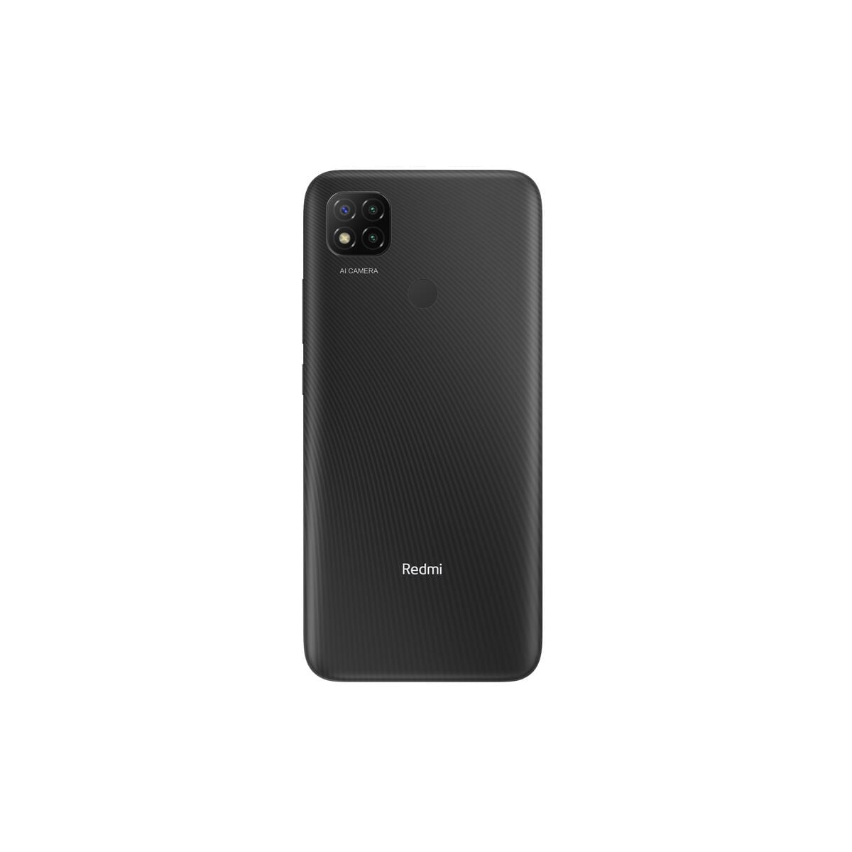 Retro del telefono Redmi nero. Configurazione a tripla fotocamera, etichetta fotocamera AI e superficie strutturata. Logo Redmi in basso.