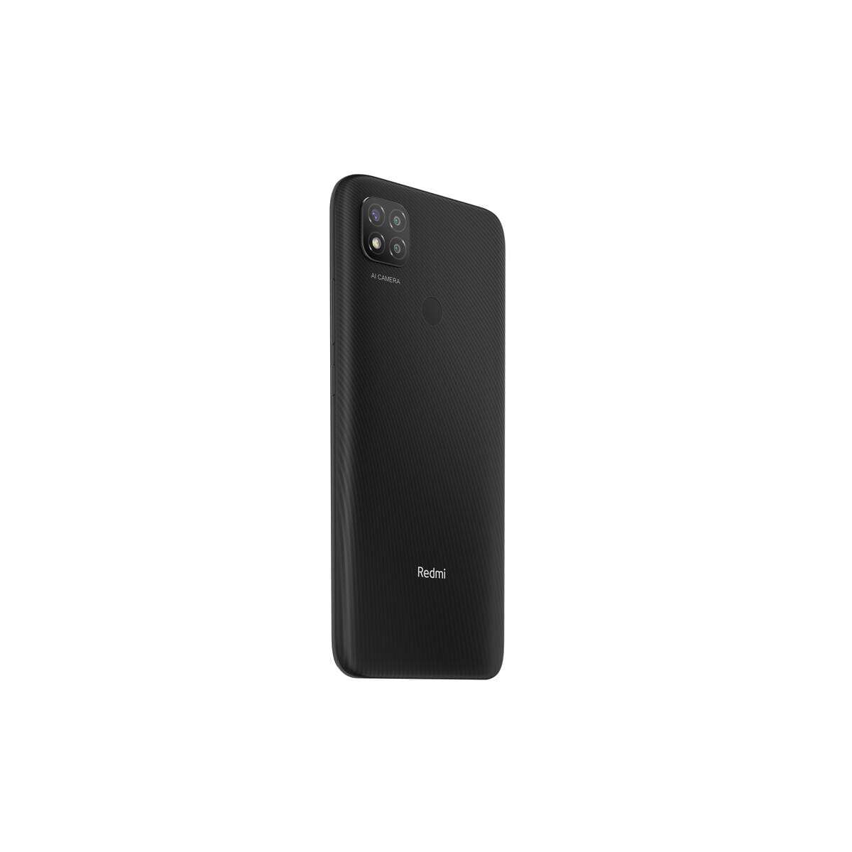 Telefono Redmi C9 nero. La parte posteriore del telefono presenta un gruppo fotocamere e il logo 'Redmi'.