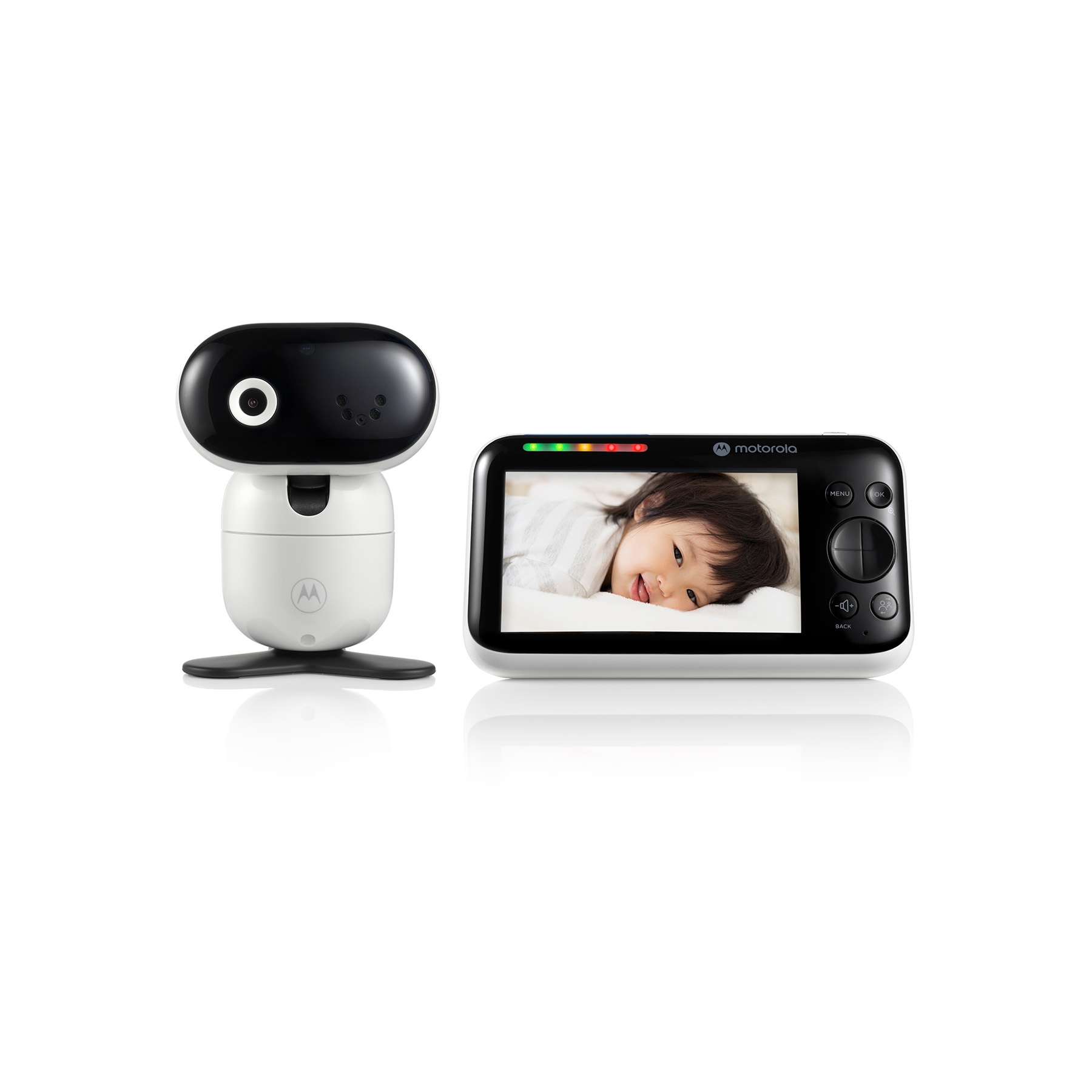 Baby monitor with a camera and a screen showing a baby.