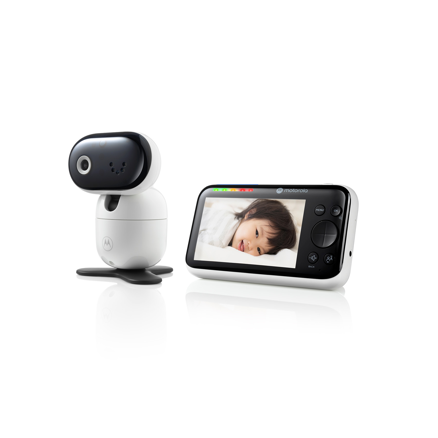 A baby monitor with camera and screen, showing a baby. The camera is white and black. 