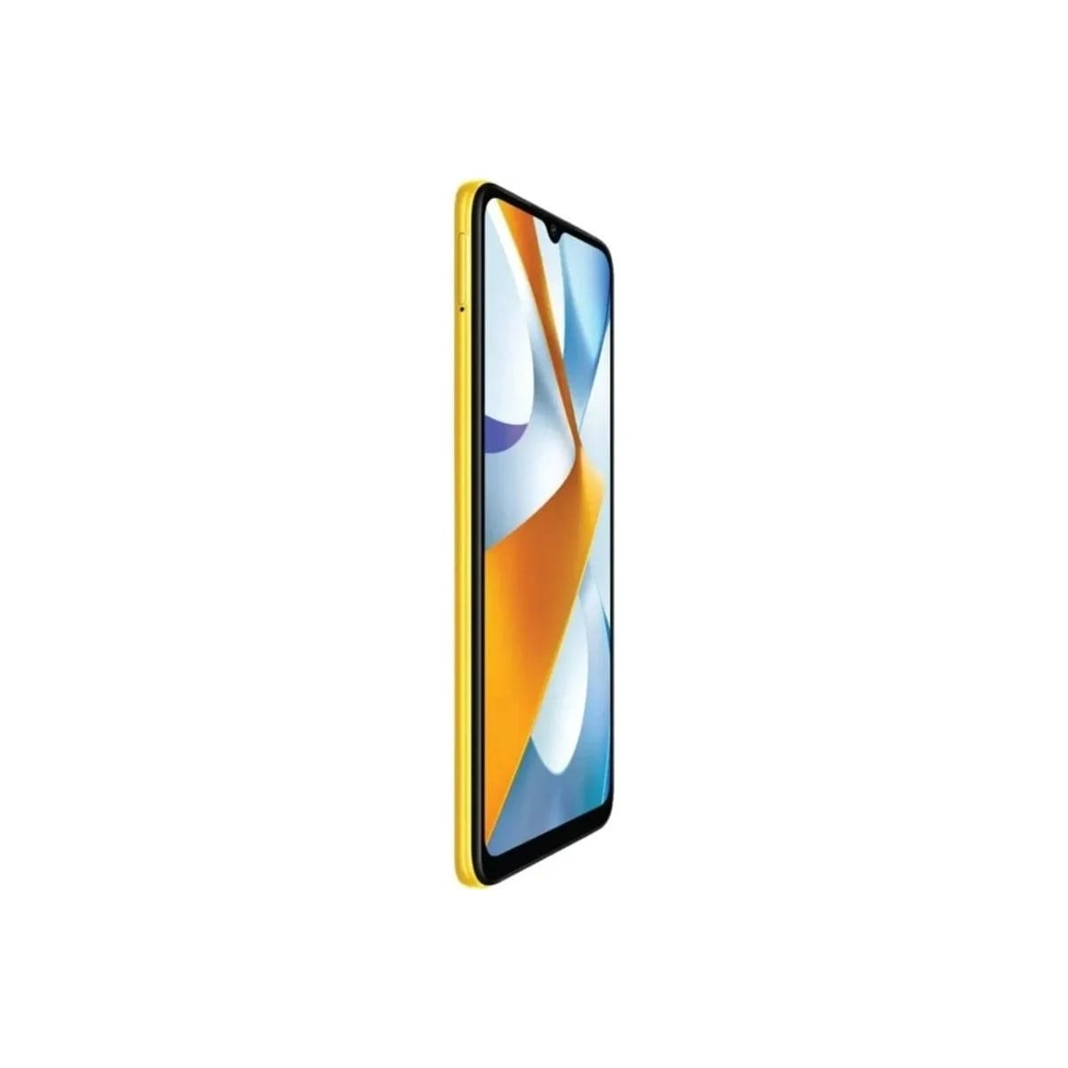 Gelbes Smartphone mit schwarzem Bildschirm. Das Telefon hat einen gelben Rahmen und eine Seitenansicht.