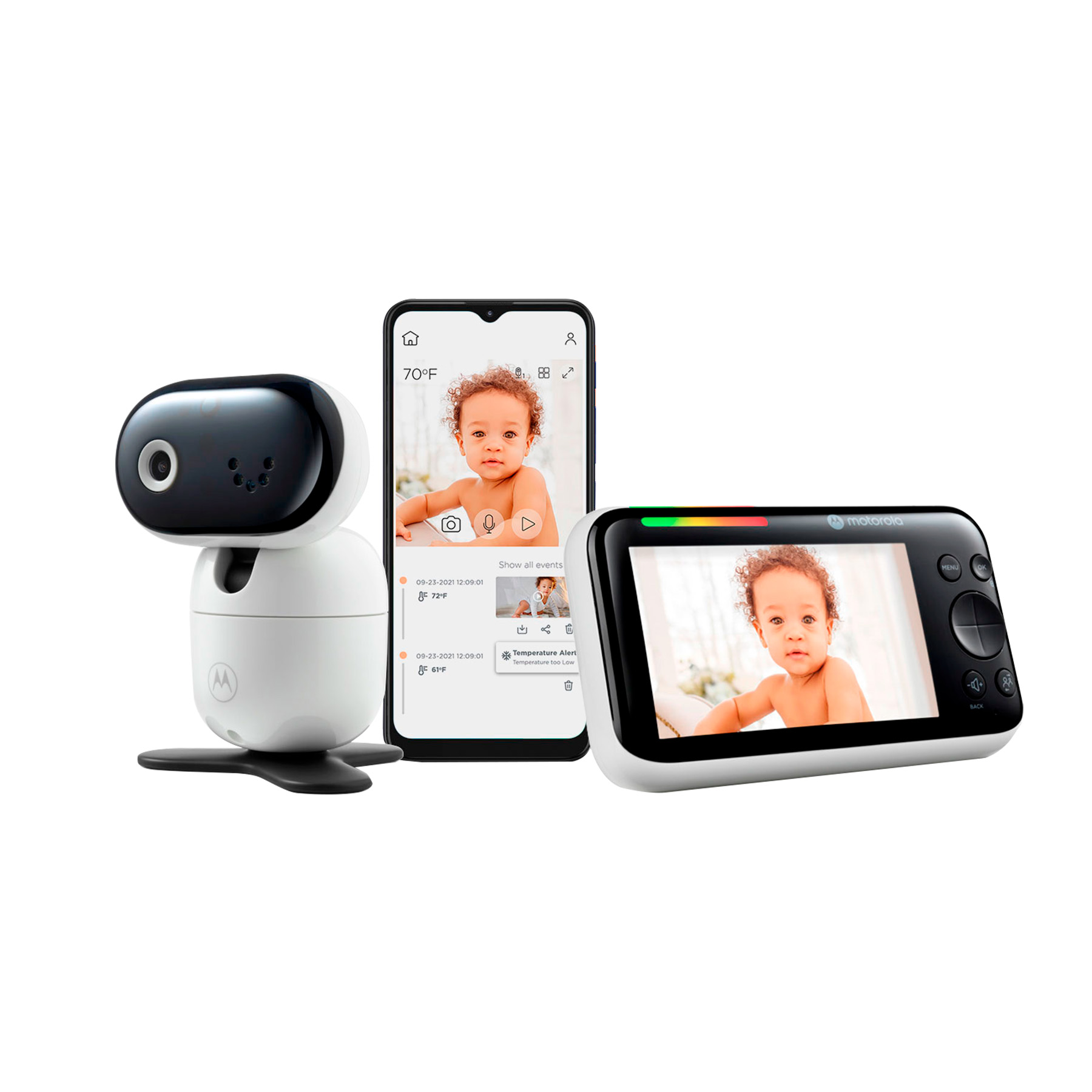 A baby monitor set with a camera, a screen, and a smartphone displaying a baby.