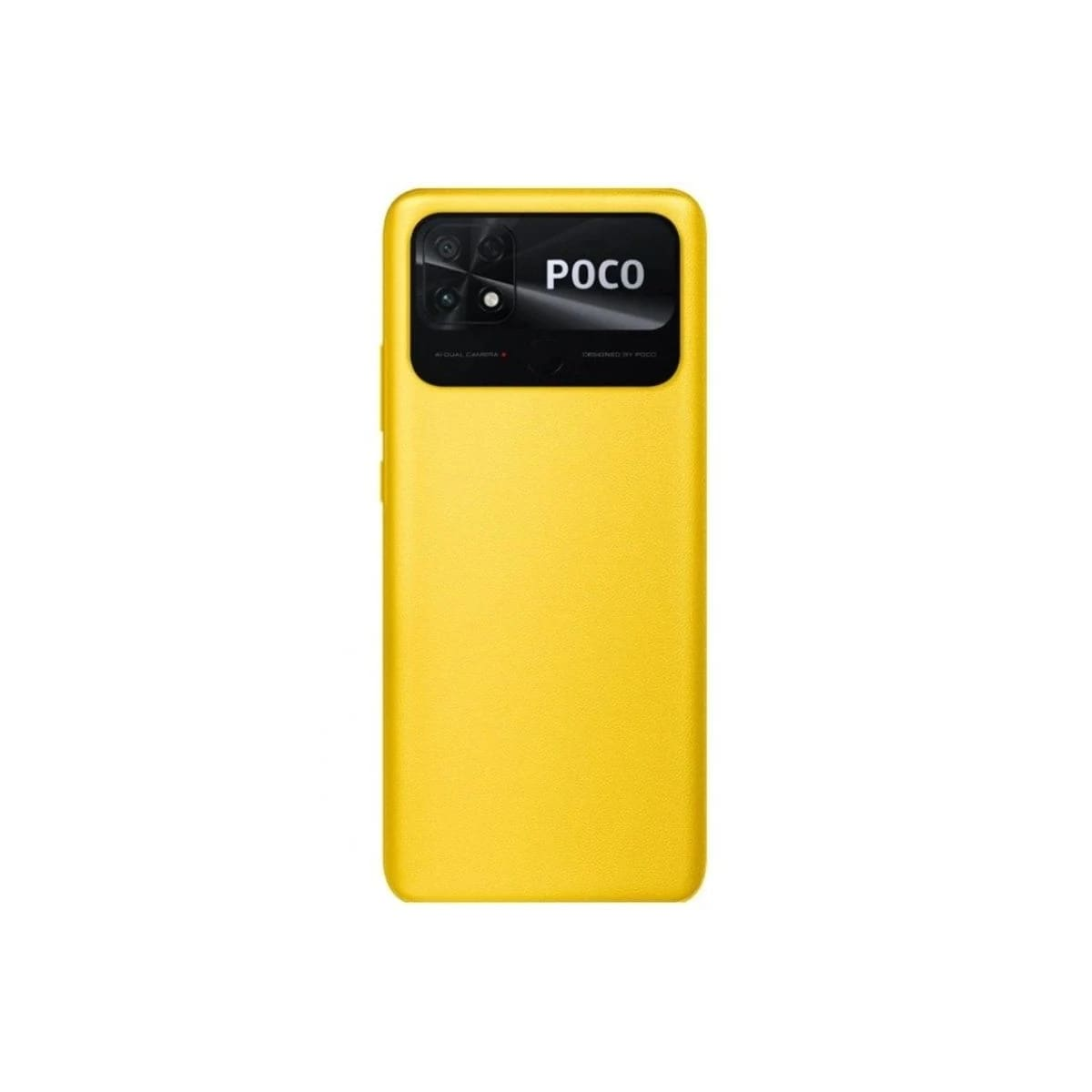 Gelbes Telefon mit POCO-Logo auf der Rückseite, schwarze Kamera.