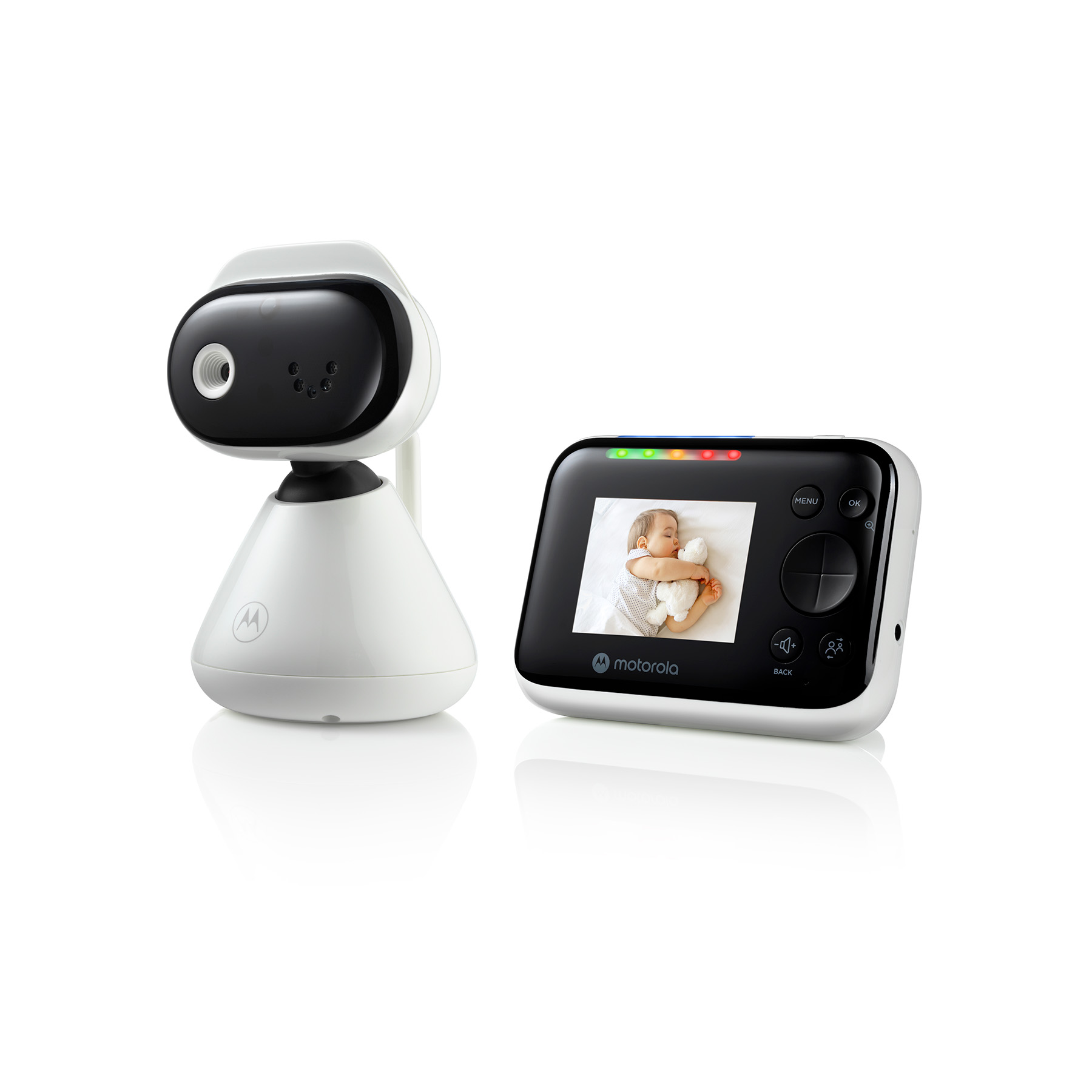 Baby monitor con telecamera e schermo che mostra un bambino che dorme.