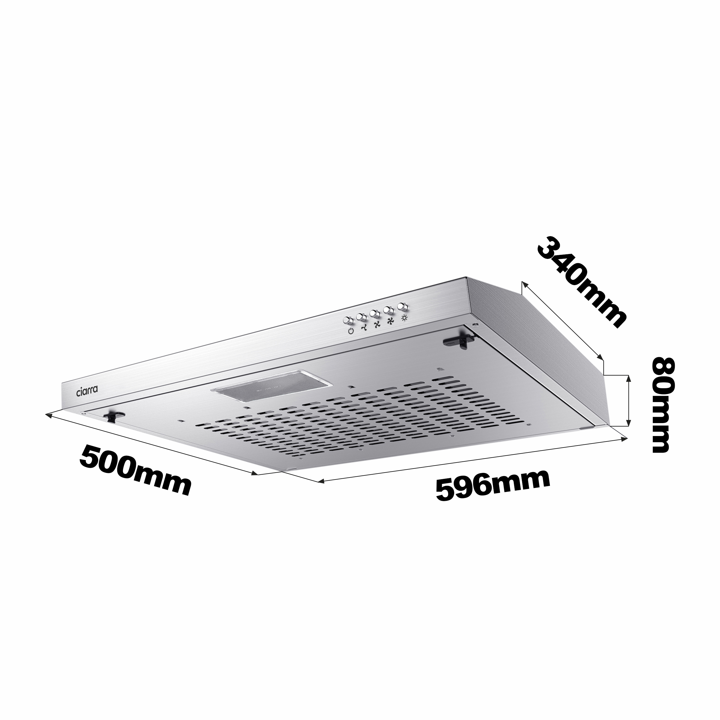 Edelstahl-Dunstabzugshaube mit Maßen: 500 mm, 596 mm, 80 mm, 340 mm. Bedienelemente sind sichtbar.