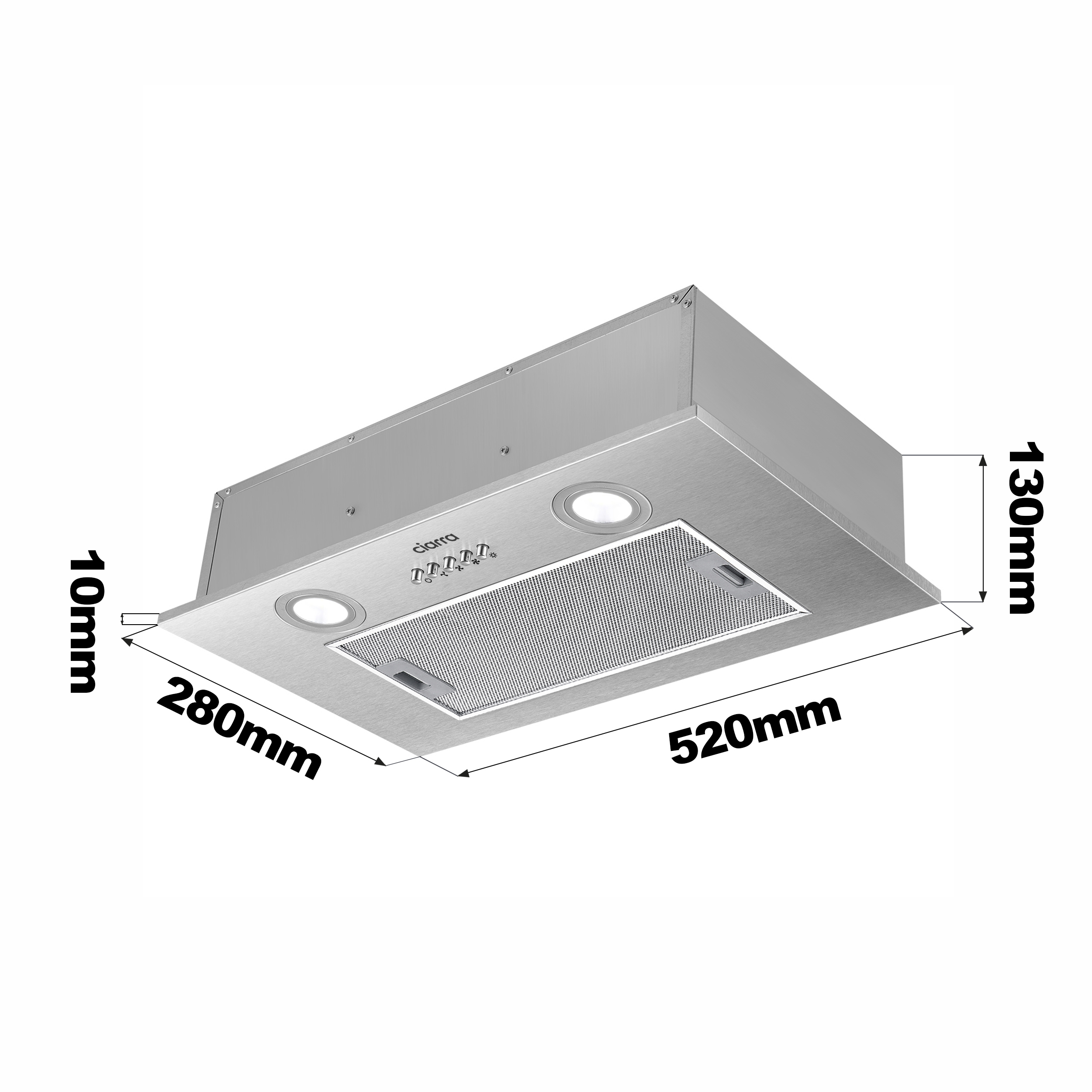 A silver range hood with dimensions labeled in mm, against a white backdrop. 