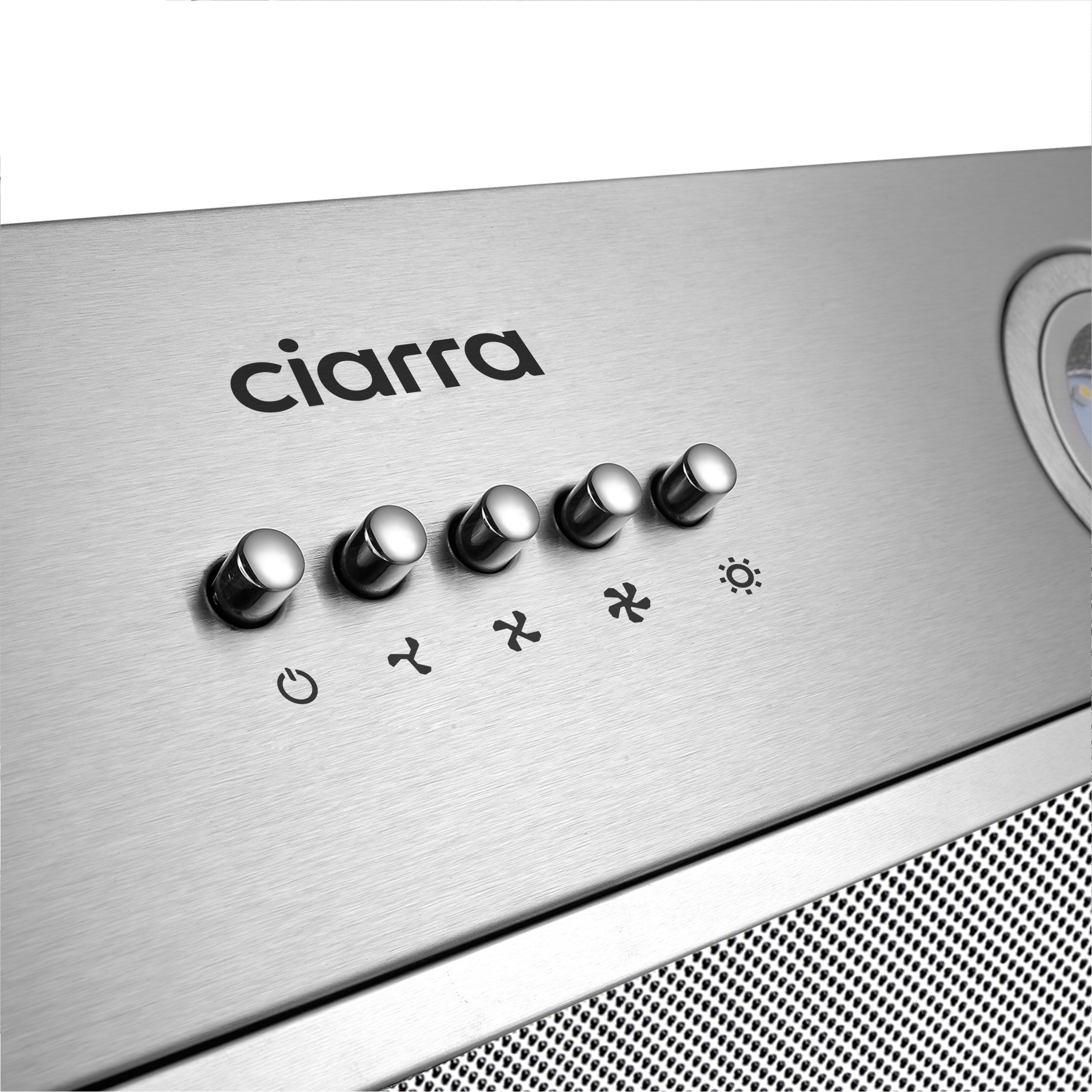 Close up of a stainless steel range hood control panel. Buttons and a mesh screen are visible.