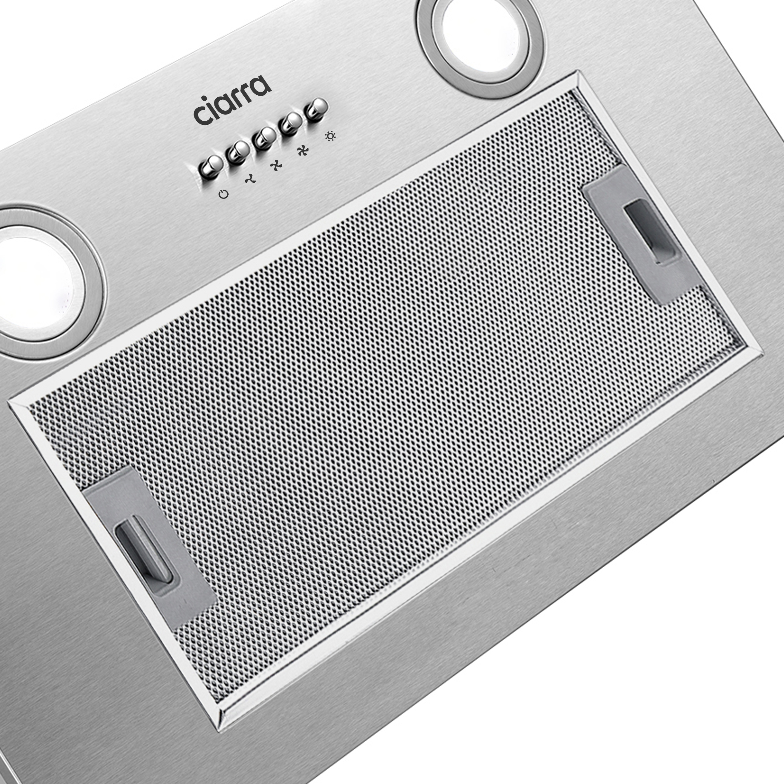 A stainless steel range hood with a mesh filter and control buttons is seen.