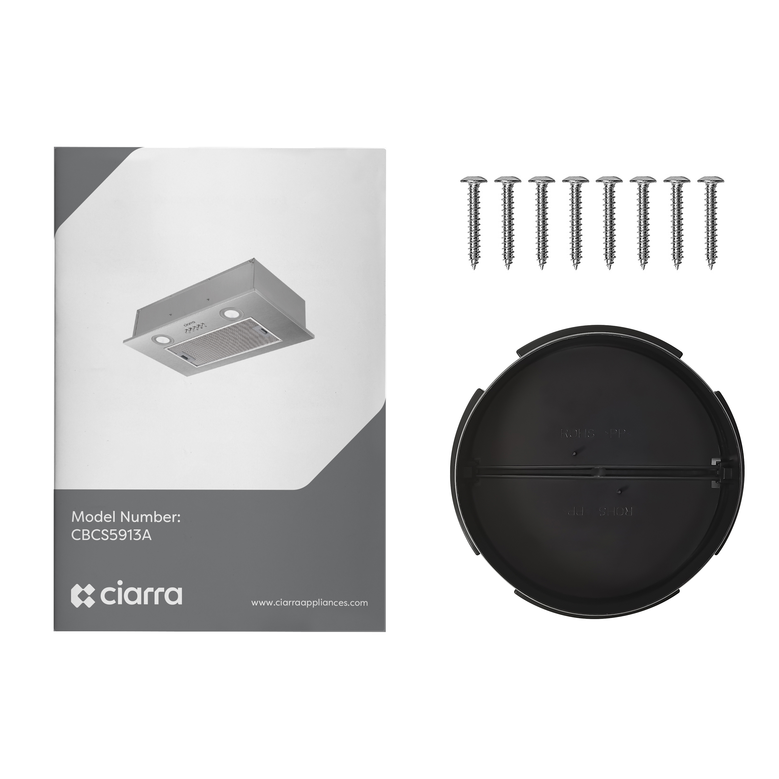 Range hood parts: a silver hood, instruction booklet, and screws. White background.