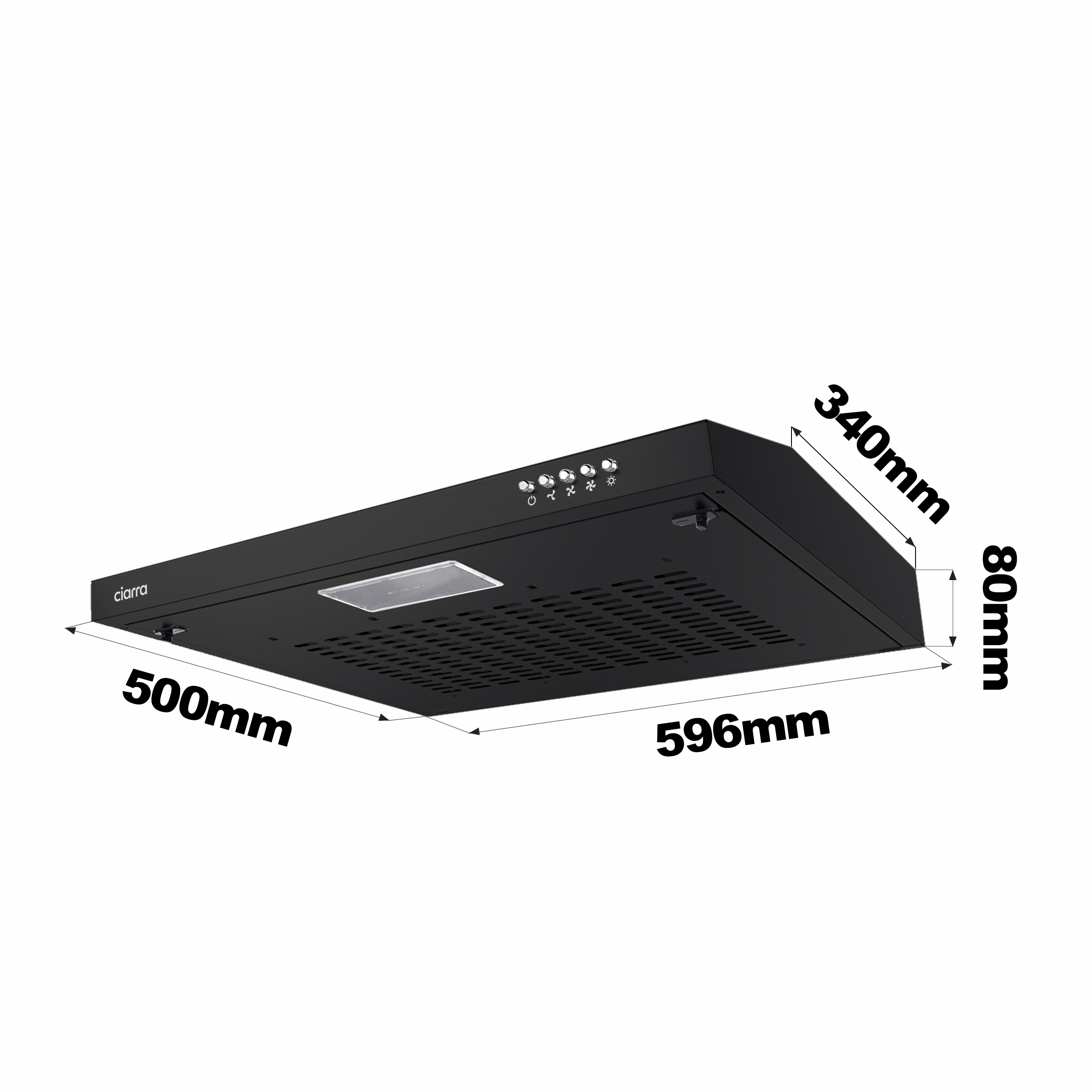 Eine schwarze Dunstabzugshaube mit Maßangaben in Millimetern: 500 mm, 596 mm, 340 mm und 80 mm. Auf weißem Hintergrund.