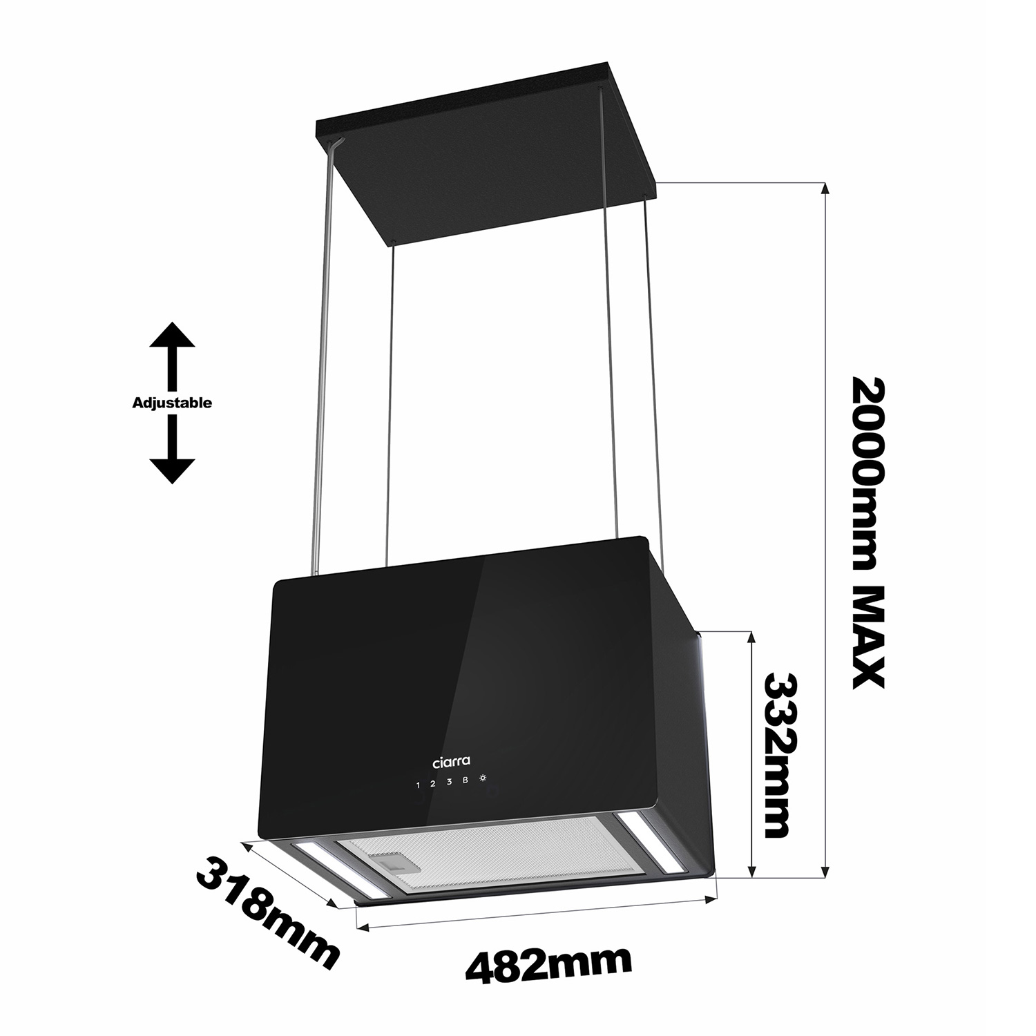 Cappa sospesa nera con dimensioni. Pannello in vetro nero. Sfondo bianco.